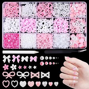 Набір для 3D прикрас для нігтів, 15 відділень, рожево-білі смоляні у вигляді серця, краватки-метелика, квітки, перлин своїми руками - Фото 1