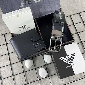 Чоловічий шкіряний ремінь і гаманець в коробочці з дерева Armani synthetic.ua - Фото 1