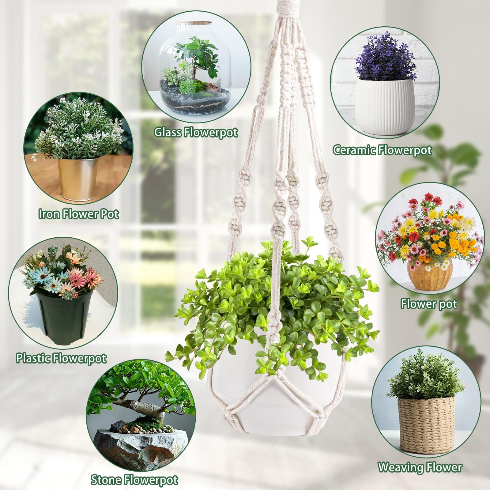 Кашпо підвісне макраме з бавовняної мотузки з гачками 2 шт, фото №4 Кашпо підвісне макраме з бавовняної мотузки з гачками 2 шт, фото №4