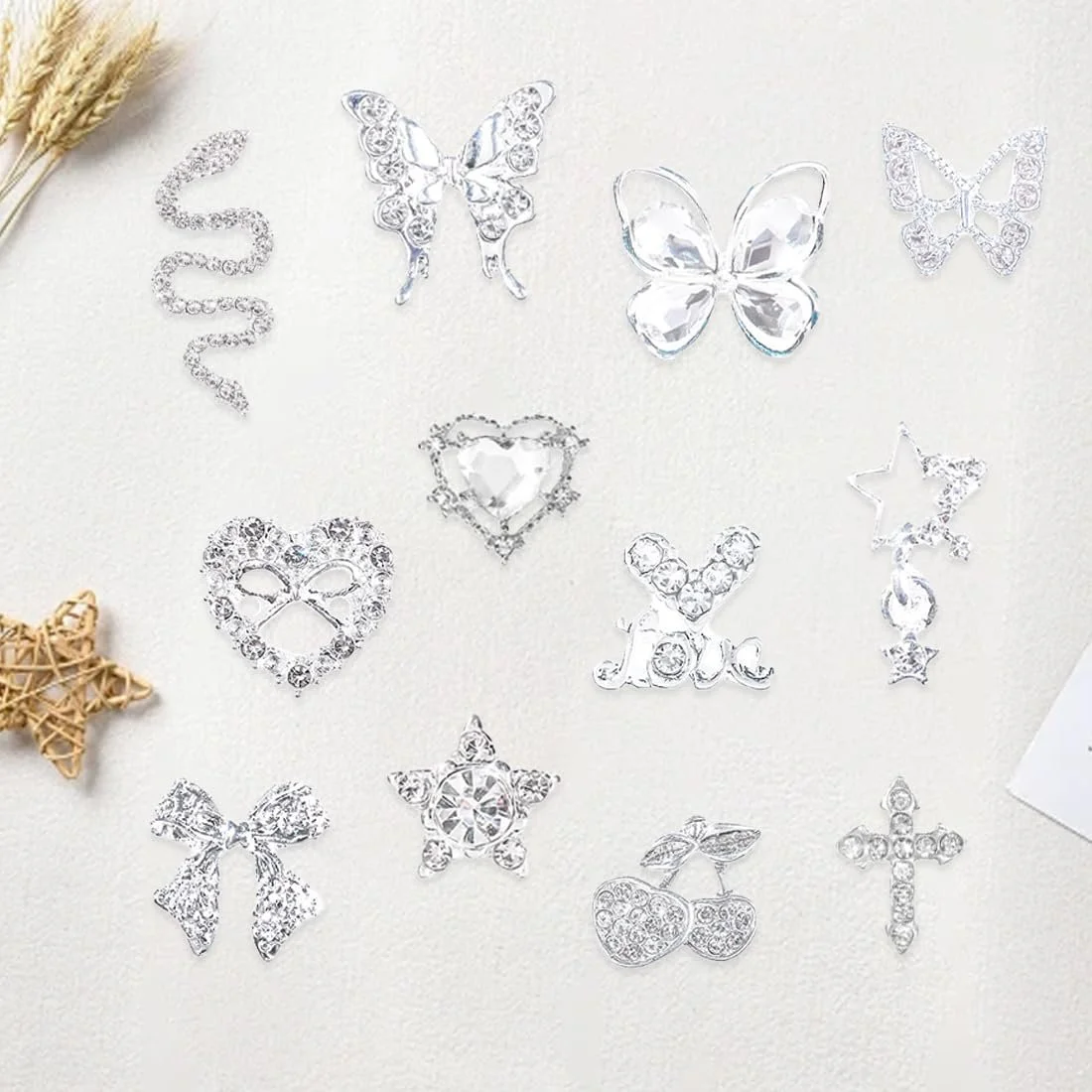 Набор аксессуаров для дизайна ногтей из сплава Y2K, 24 шт, серия Heart Butterfly Cross Snake, серебристые, фото №5