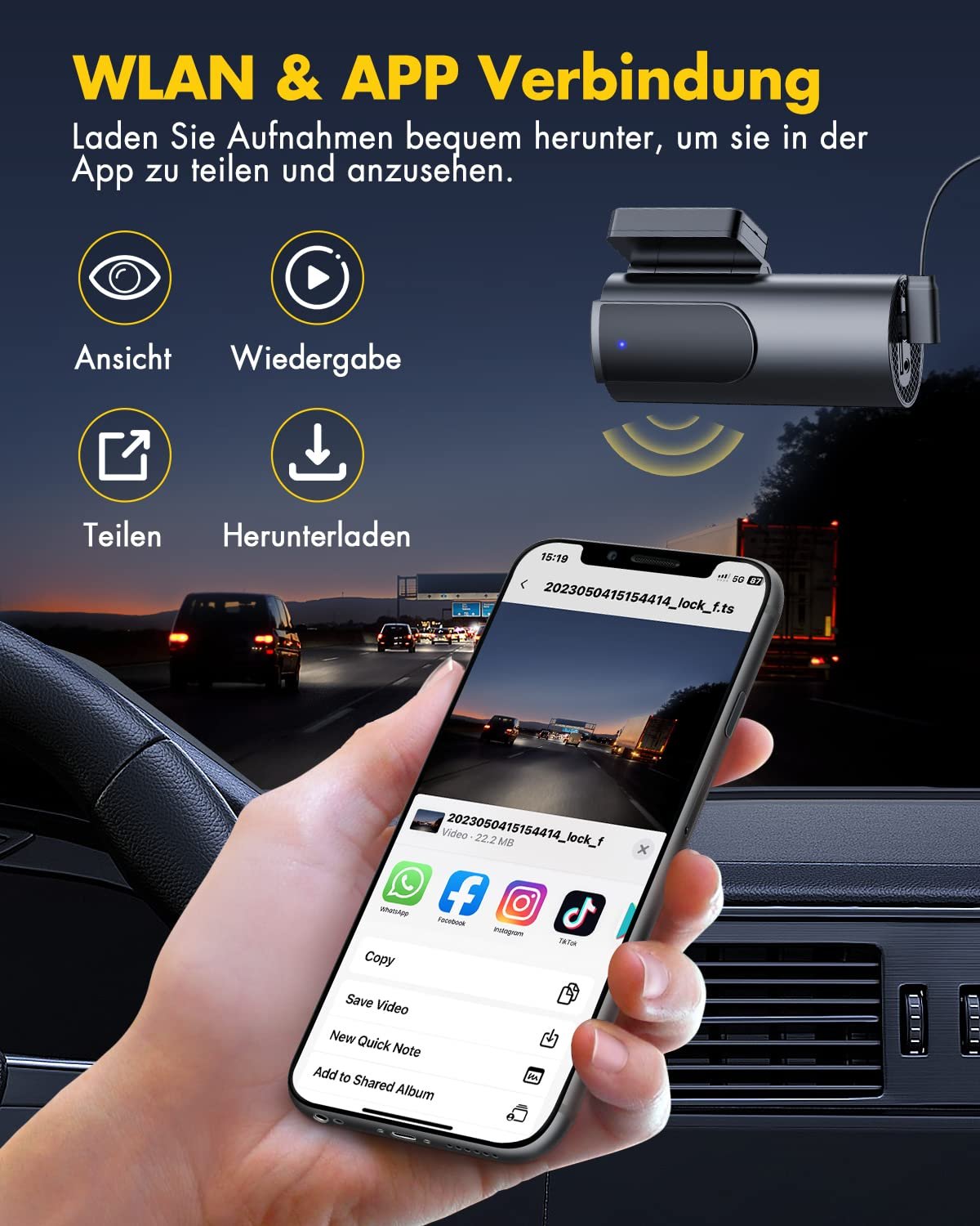 Відеореєстратор GKU 4K Dash Cam Car Front Rear, 5GHz WiFi GPS, Dual Dash Cam, 1.5 Inch IPS Mini Car Camera з картою SD 64GB, Parking Monitoring, Super Night Vision, WDR, 170 Wide Angle, G-Sensor, App Control, Max, фото №4