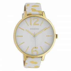 Женские часы Oozoo C10209 Кожаный ремешок с леопардовым принтом Animal Print Colours of Africa 43 мм Белый, Золотой, Белый ремешок - Фото 1