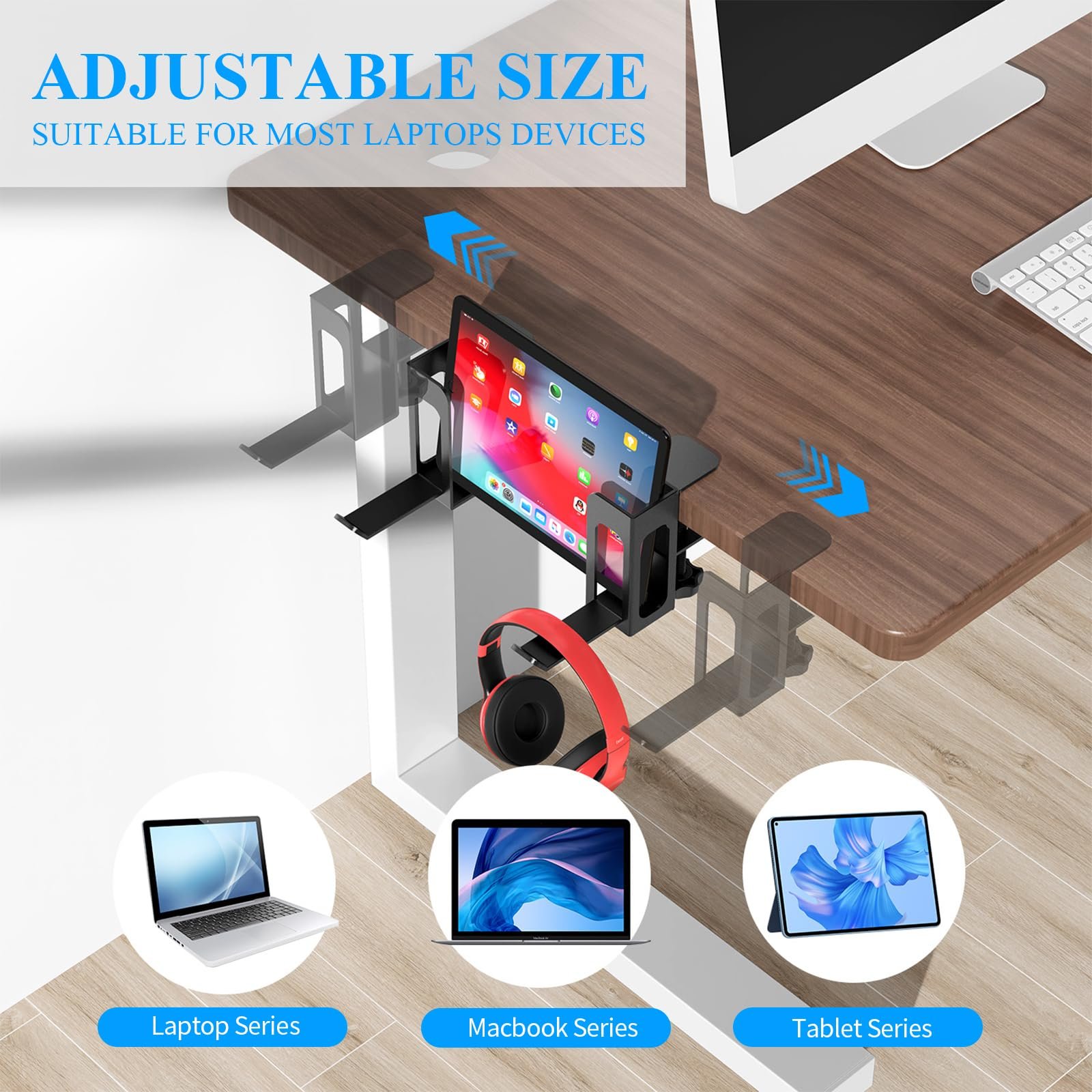 Органайзер для ноутбука на стол с боковым креплением (2 шт. в упаковке) Generic, металлический держатель для ноутбука, регулируемый, без сверления, черный, фото №5