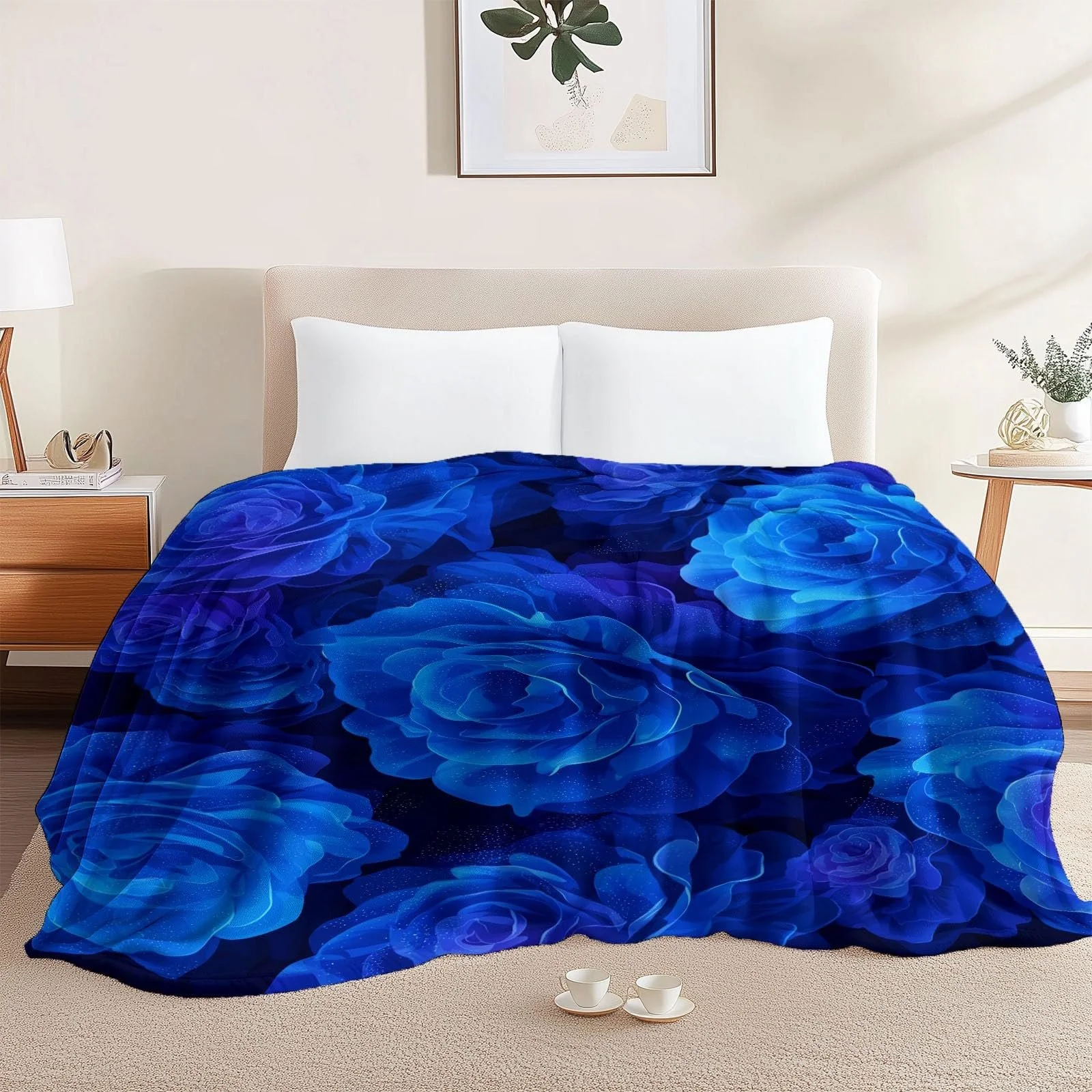 Фланелевое одеяло 150 x 200 см, Тема синих роз, Темно-синее, фото №4