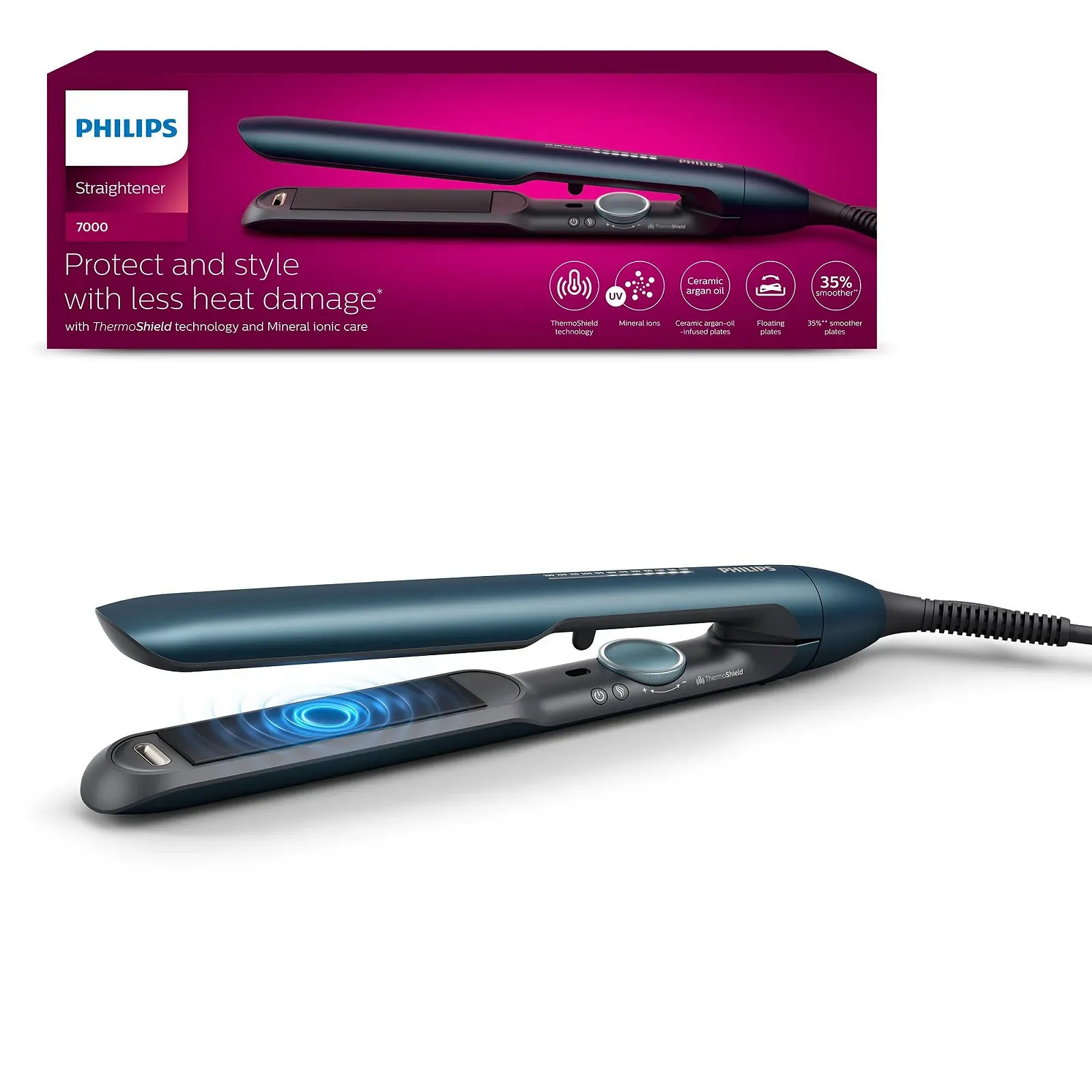 Выпрямитель для волос Philips 7000 Series BHS732/00 ThermoShield Ионизация Керамика Аргановое масло Бирюзовый металлик, фото №1 Выпрямитель для волос Philips 7000 Series BHS732/00 ThermoShield Ионизация Керамика Аргановое масло Бирюзовый металлик, фото №1