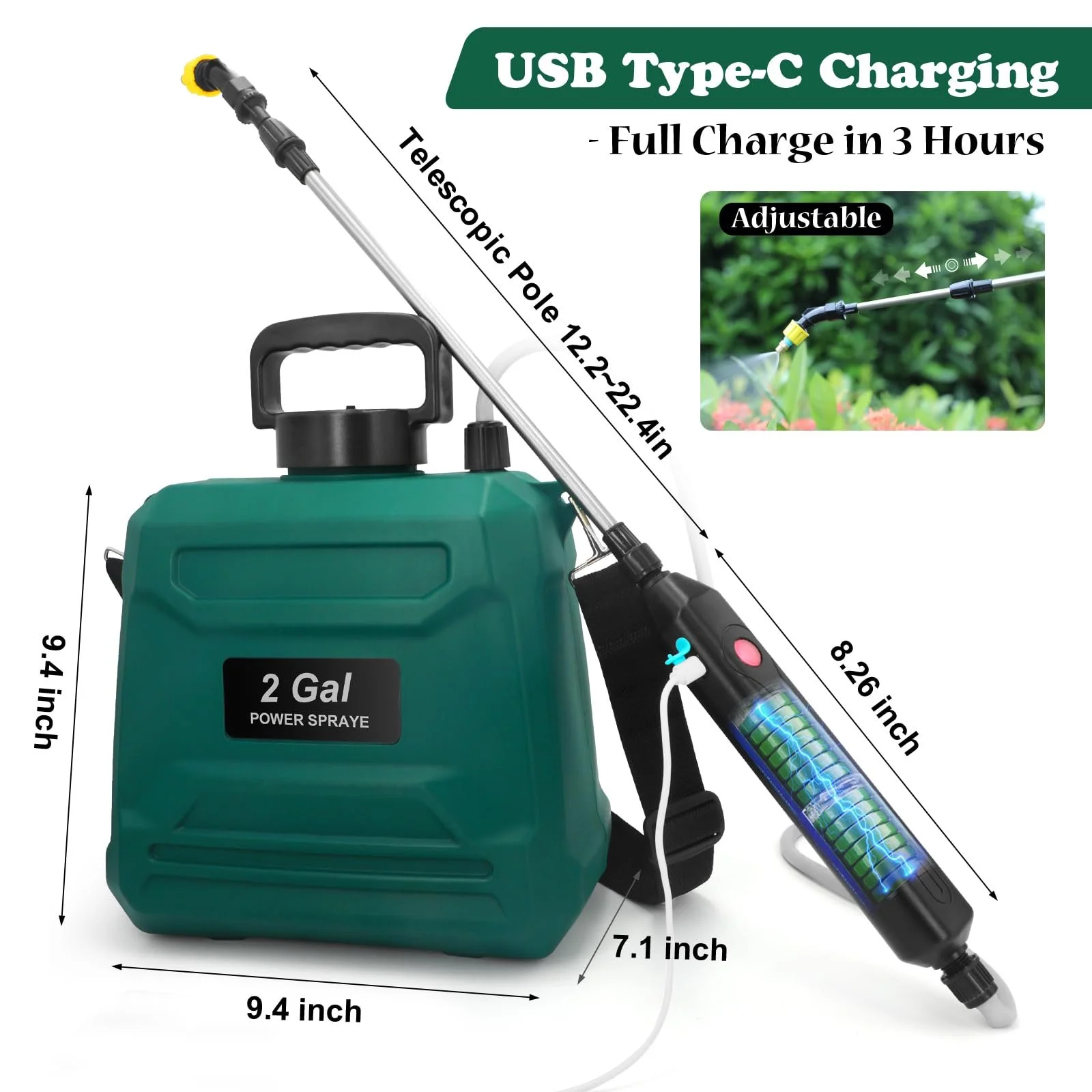 Обприскувач акумуляторний 8 L з 3 форсунками та USB-зарядкою, фото №3