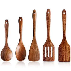 Набор кухонных принадлежностей Wooden Spatula из дерева акации с отверстием 5 шт. - Фото 1