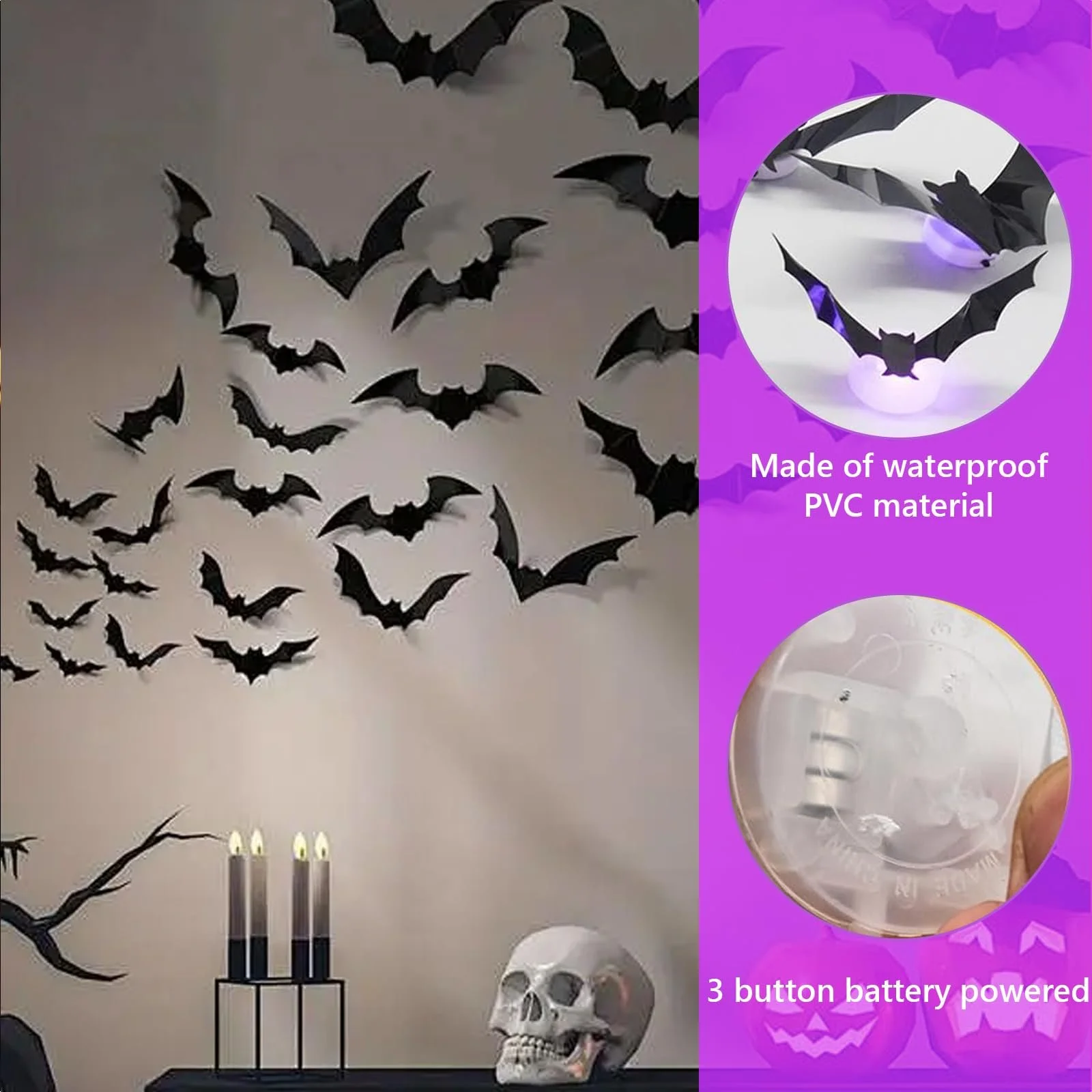 Набір наклейок на стіну Halloween Bats 3D LED 24 Pack Purple, фото №3 Набір наклейок на стіну Halloween Bats 3D LED 24 Pack Purple, фото №3