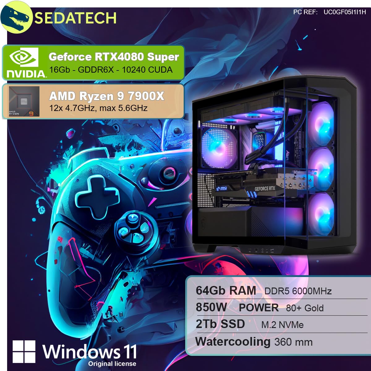ПК Sedatech Advanced Gaming Water Cooling AMD Ryzen 9 7900X RTX4080 Super 64GB DDR5 2TB SSD M.2 Windows 11, фото №2