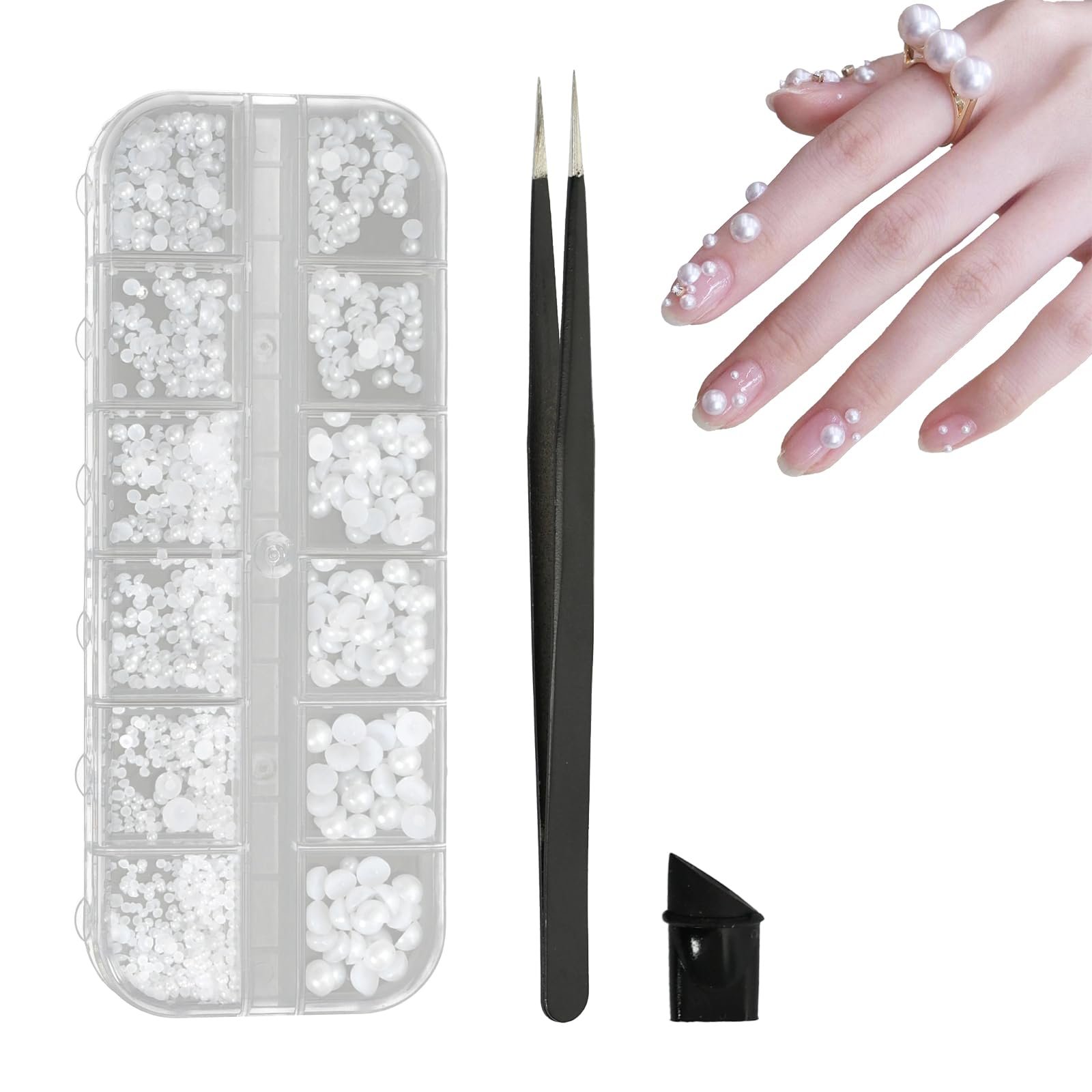 Полукруглые жемчужины для ногтей 6 размеров, белые бусины из нержавеющей стали с пинцетом (1 коробка/12 отделений), фото №1 Полукруглые жемчужины для ногтей 6 размеров, белые бусины из нержавеющей стали с пинцетом (1 коробка/12 отделений), фото №1