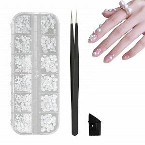 Перли напівкруглі для нігтів 6 розмірів, білі намистини з нержавіючої сталі з пінцетом (1 коробка/12 відділень) - Фото 1