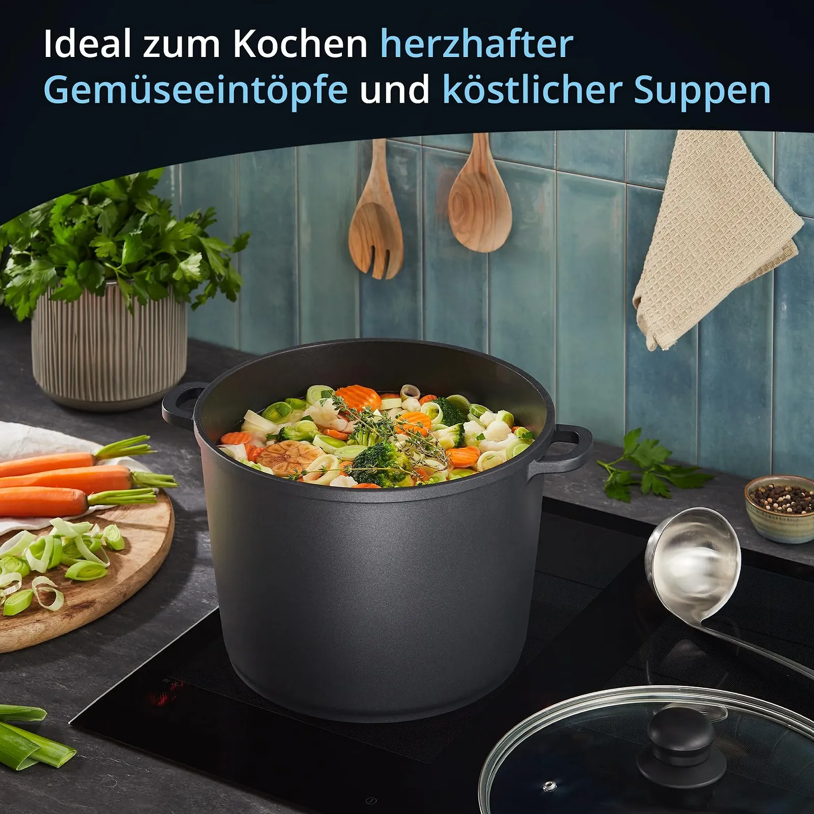 Каструля KHG 28 см Індукційна з антипригарним покриттям XXL 10 літрів Чорний, фото №3 Каструля KHG 28 см Індукційна з антипригарним покриттям XXL 10 літрів Чорний, фото №3