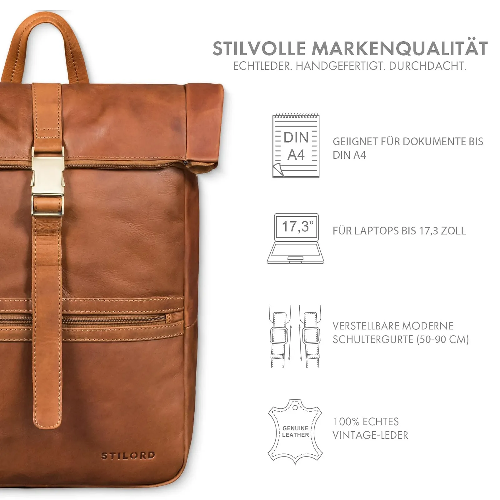Рюкзак для ноутбука STILORD Cairo 14-17.3 дюйма Rolltop Кожаный Коньячно-коричневый, фото №3