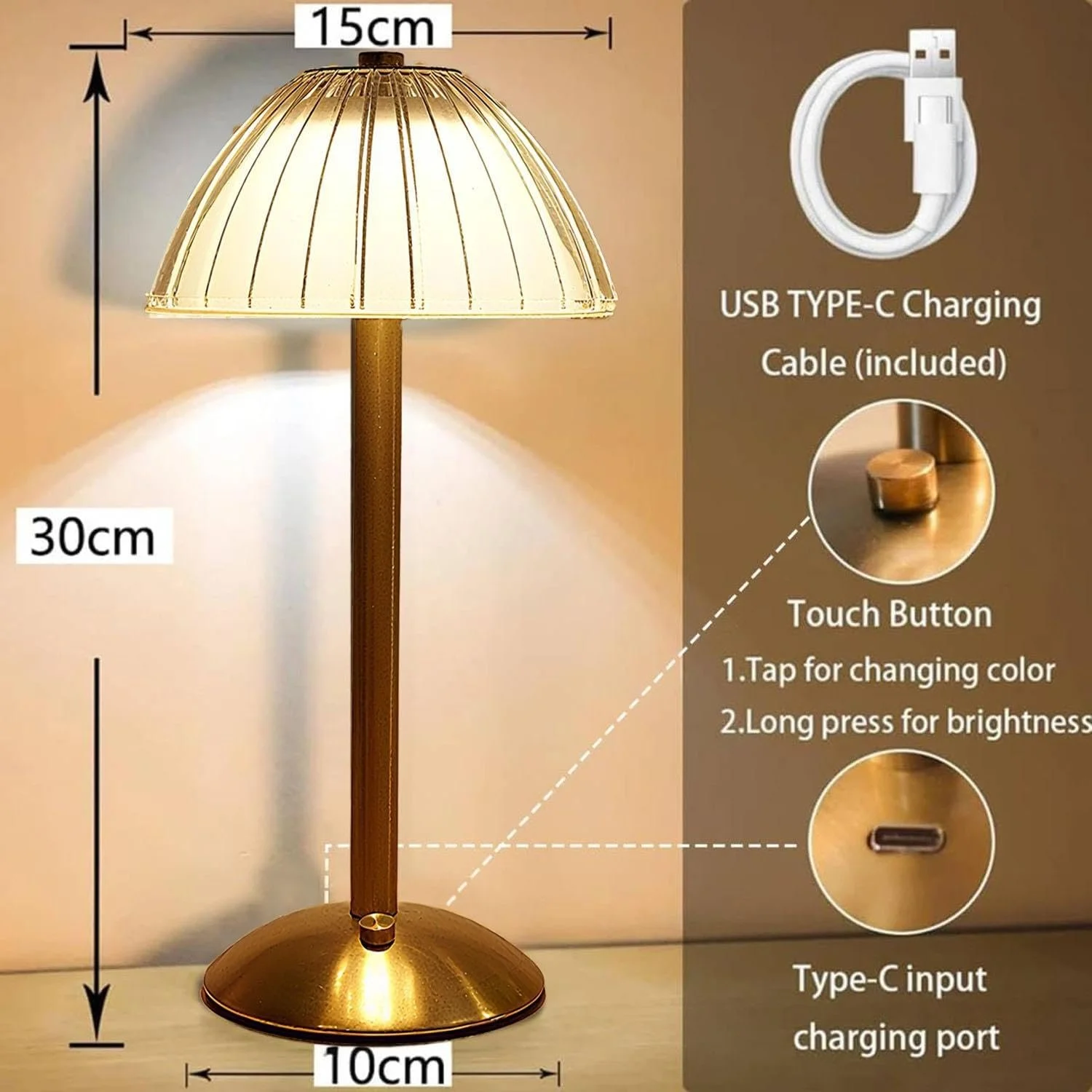 Бездротова світлодіодна настільна лампа акумулятор 1800 мАгод, 3 Вт, сенсорне керування, 3 кольори світла золотиста, фото №5