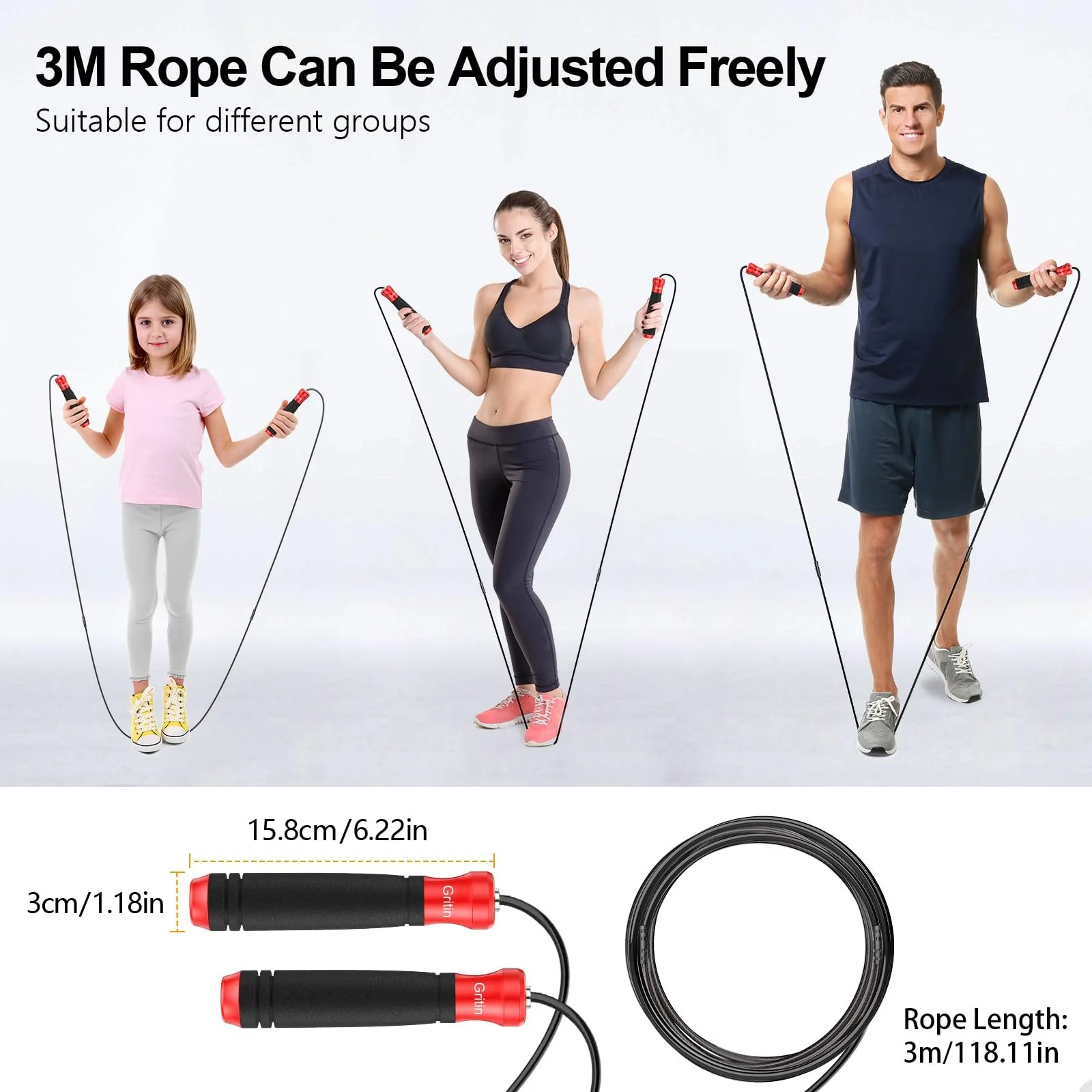 Скакалка Gritin Speed Rope регульована з маркуванням довжини та ергономічними ручками 3 м, фото №6