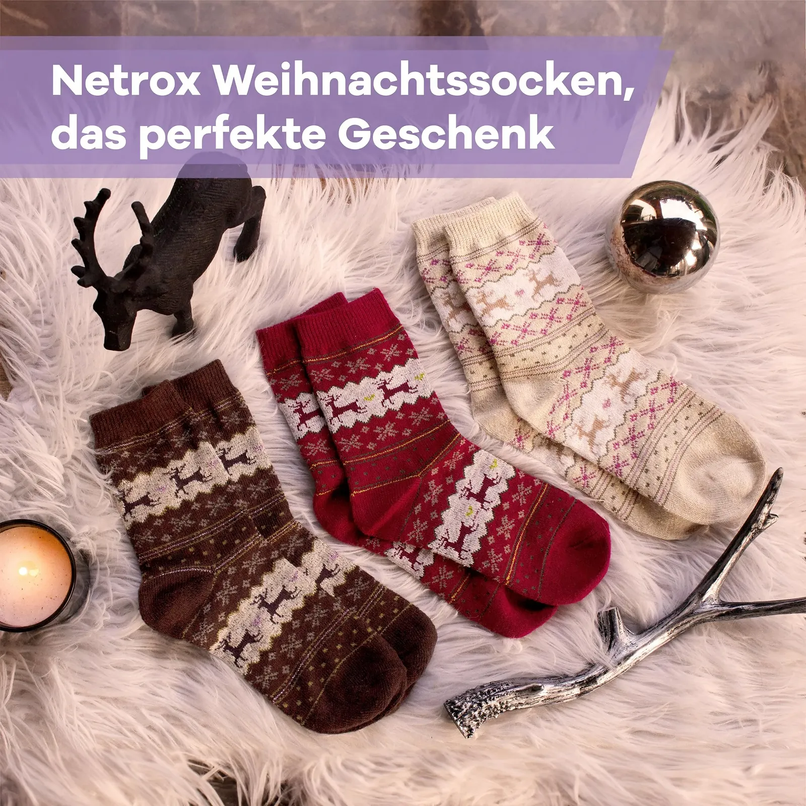 Носки Netrox зимние, 3 пары, теплые и мягкие Рождественские носки I 35-42 I Пушистые носки для женщин и детей, красный, коричневый, белый, 2.5-7.5, фото №2