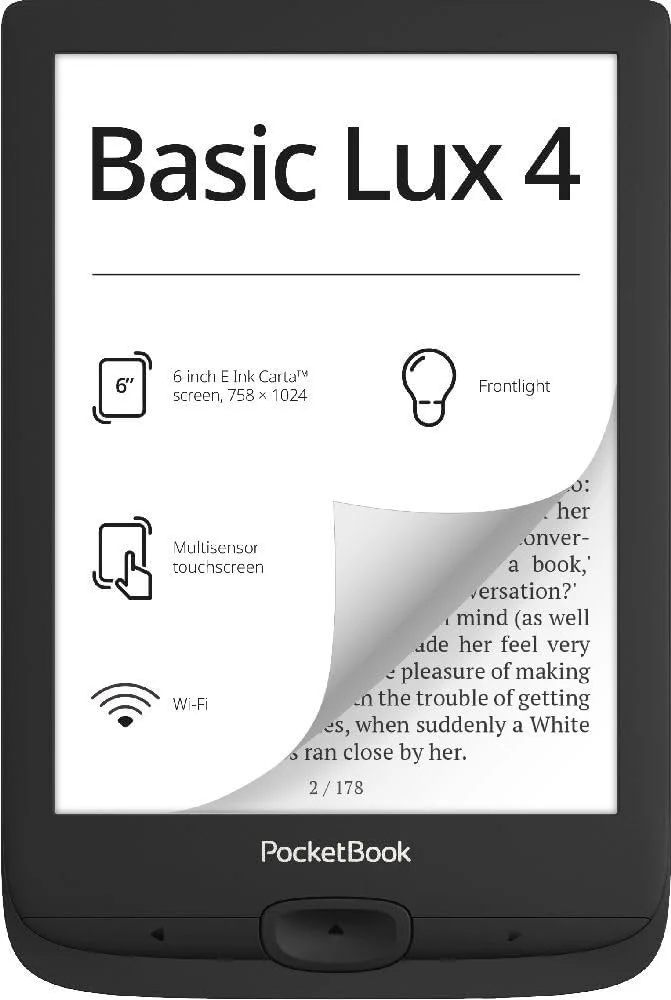 Електронна книга 6"  Basic Lux 4 / 8ГБ / Wi-Fi / SD слот / сенсорний E-Ink екран (758 × 1024) / Настроювана яскравість / Динаміки / Чорний (PB618-P-WW), фото №4