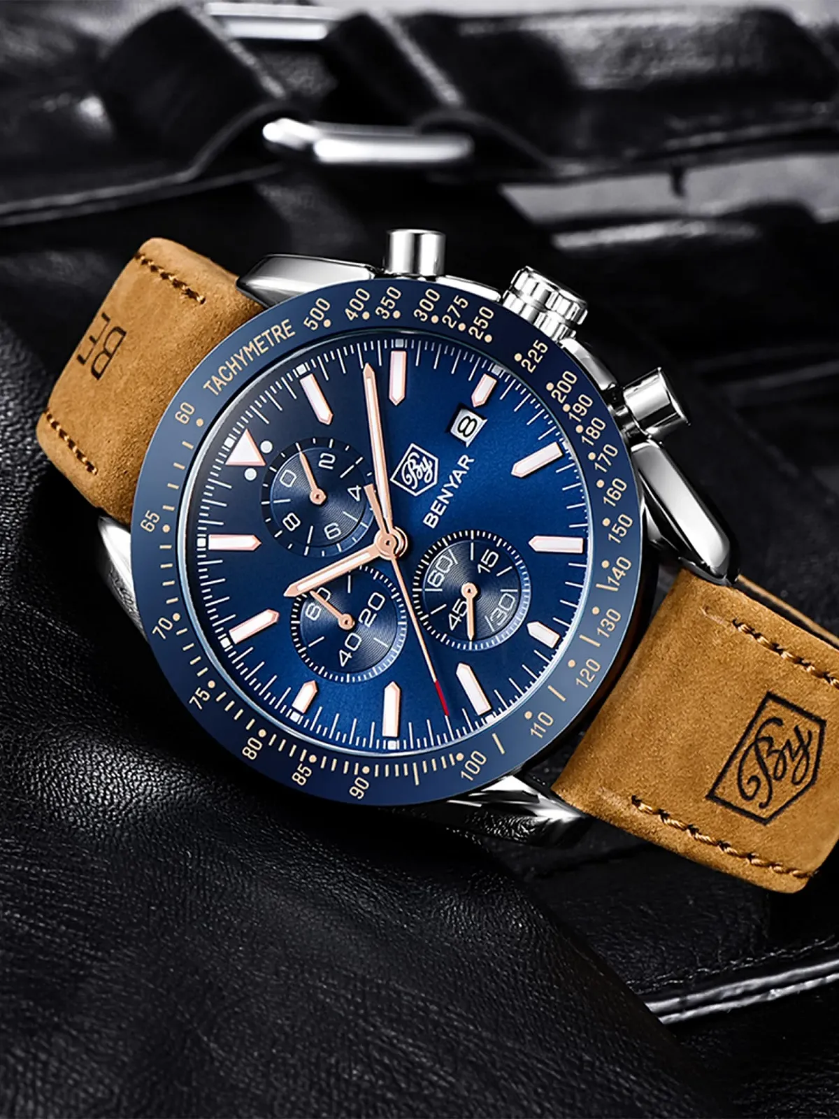 Чоловічий Годинник Benyar Хронограф Кварцовий Шкіряний Спортивний Бізнес Модний Водонепроникний, фото №10 Чоловічий Годинник Benyar Хронограф Кварцовий Шкіряний Спортивний Бізнес Модний Водонепроникний, фото №10