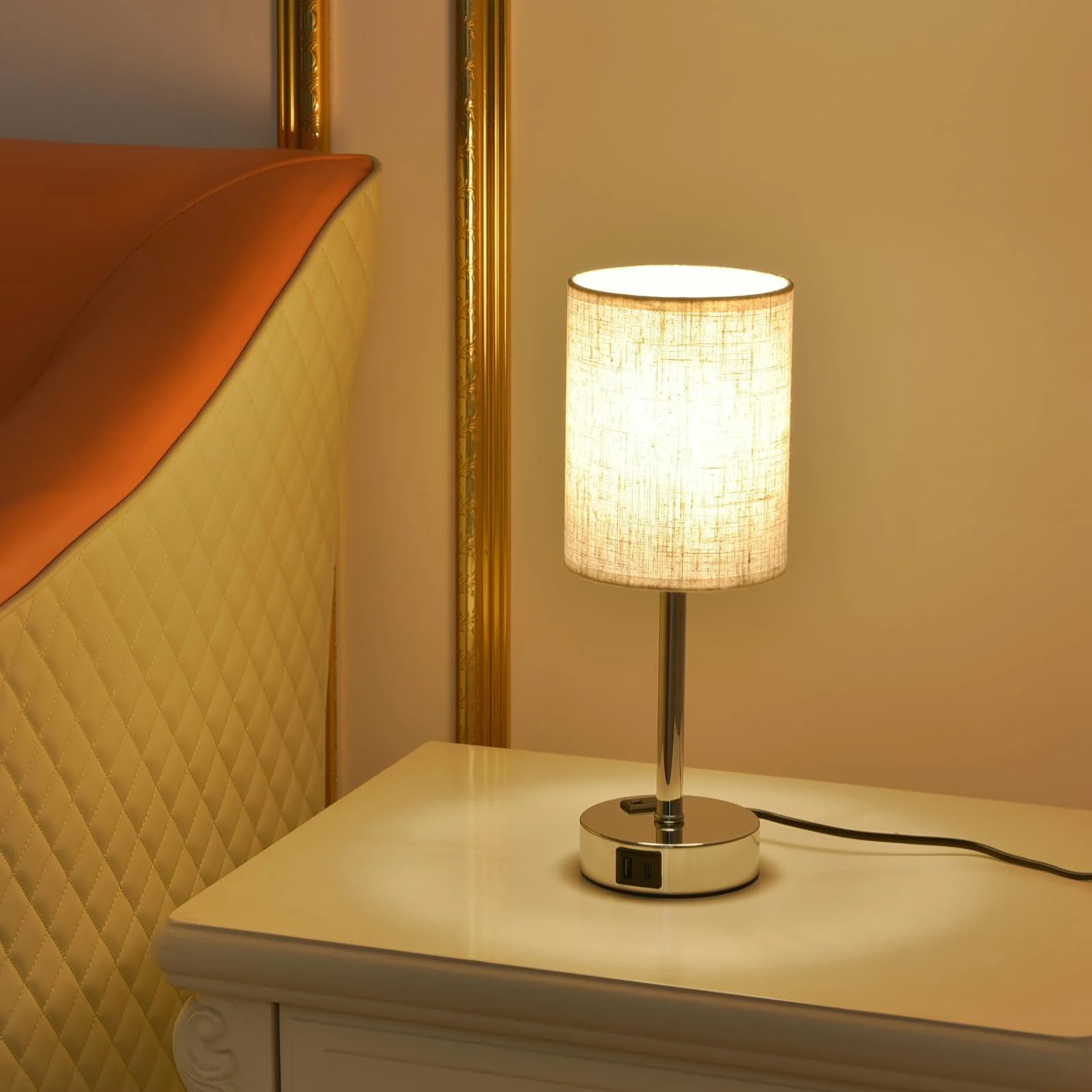 Настільна лампа LED Сенсорна Димування USB A+C Лляний абажур Бежева, фото №5