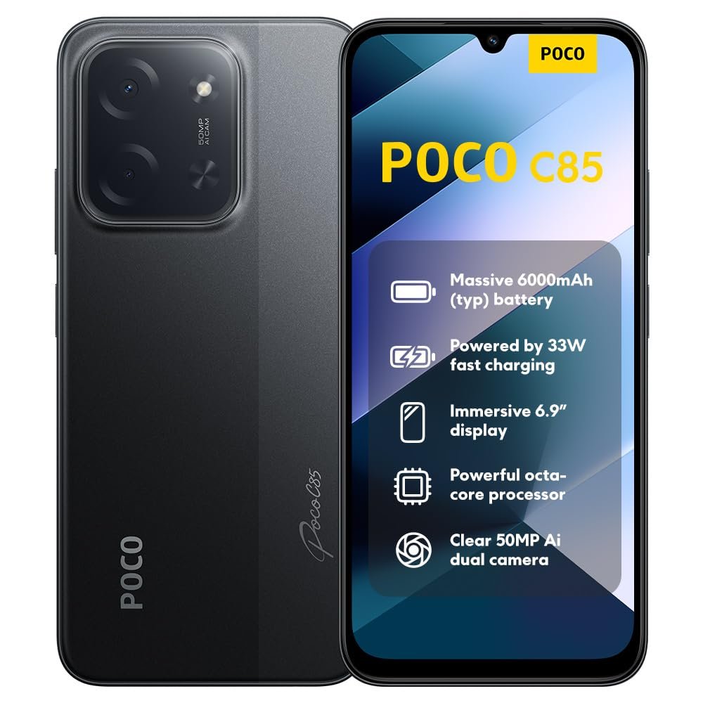 Смартфон XIAOMI Poco C85 8+256GB, 6.9 дюймів 120Hz дисплей MediaTek Helio G81-Ultra Octa-Core, 50MP AI подвійна камера, 6000mAh, Чорний, фото №1