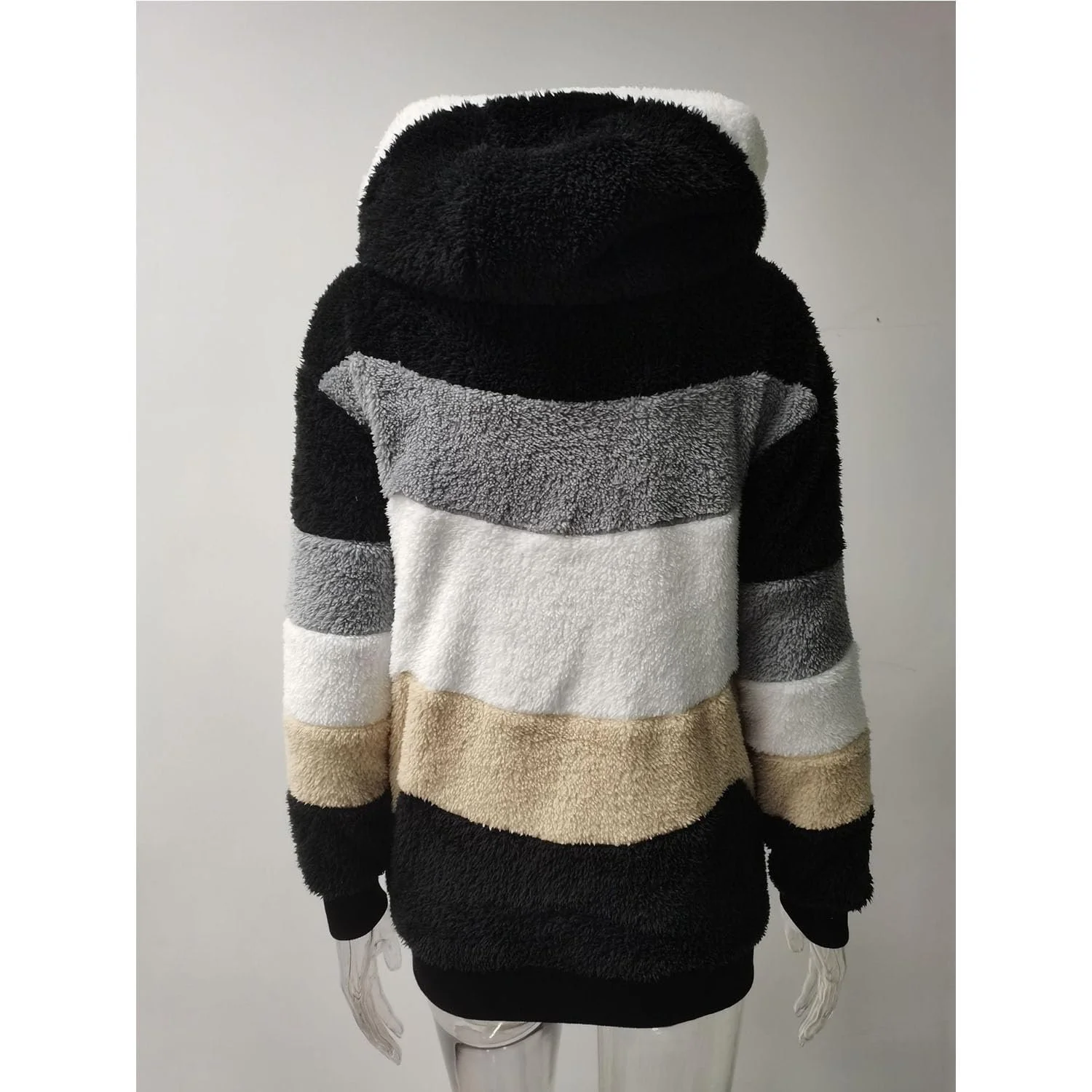 Пальто с контрастным узором QKCQQTS, женское, свободного кроя, с капюшоном, теплое, в стиле пэчворк, с капюшоном, фото №3