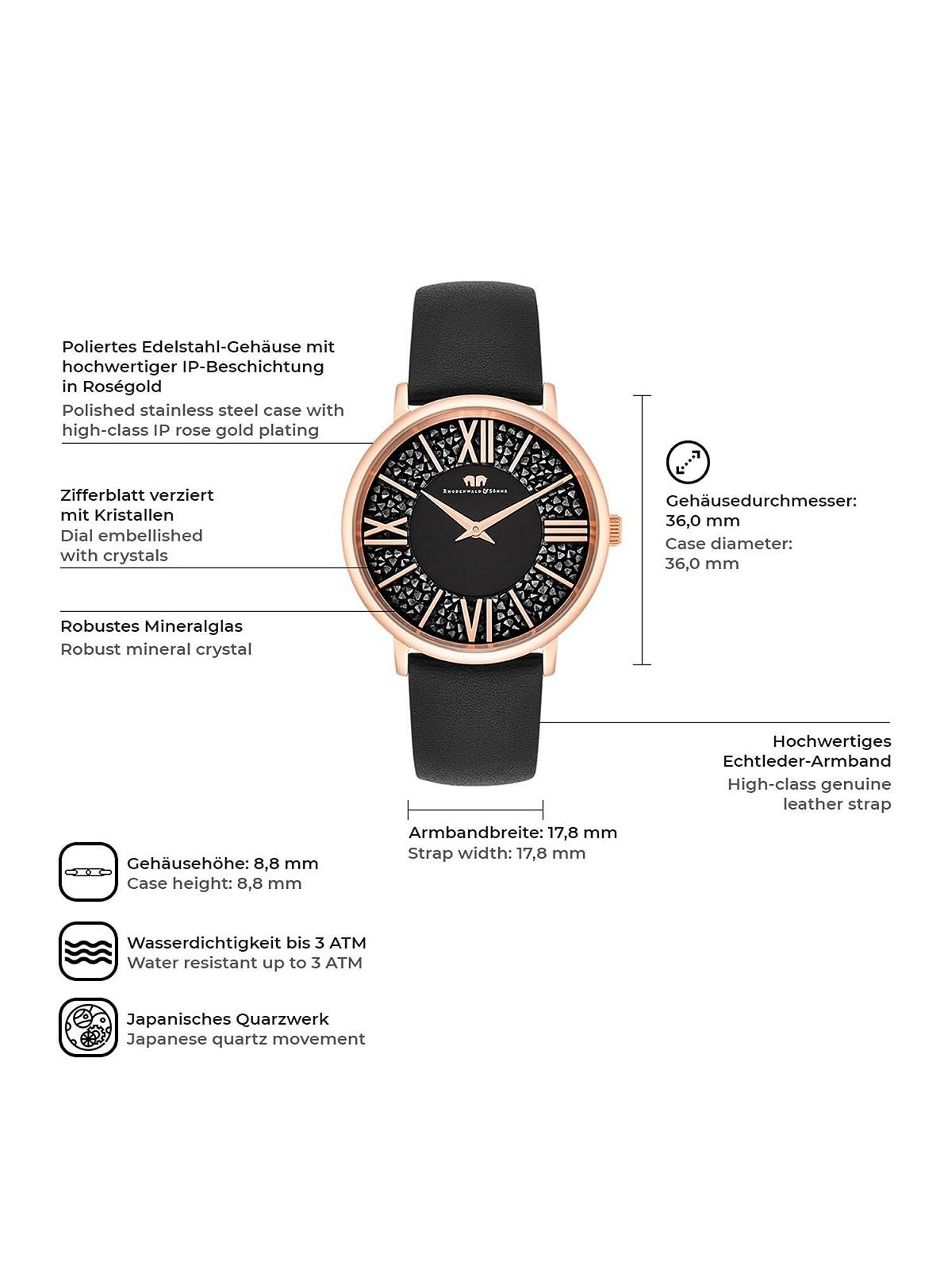 Жіночий годинник Rhodenwald & Söhne, аналоговий, кварцовий, Japan, 10010335, чорний шкіряний ремінець, прикрашений кристалами, золотий, фото №2 Жіночий годинник Rhodenwald & Söhne, аналоговий, кварцовий, Japan, 10010335, чорний шкіряний ремінець, прикрашений кристалами, золотий, фото №2