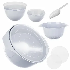 Набір мисок KADAX 1.5 л та 3 л з кришками, совком та друшляком 3.5 л Plastic - Фото 1
