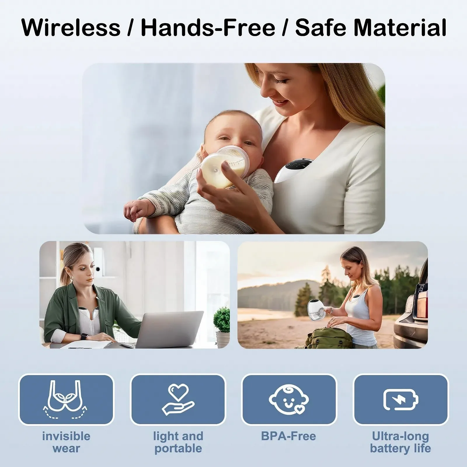 Молоковідсмоктувач електричний, 4 режими та 12 рівнів, портативний, безболісне сильне всмоктування, низький рівень шуму, запобігання протіканню з фланцями 17/19/21 мм (білий), фото №3 Молоковідсмоктувач електричний, 4 режими та 12 рівнів, портативний, безболісне сильне всмоктування, низький рівень шуму, запобігання протіканню з фланцями 17/19/21 мм (білий), фото №3