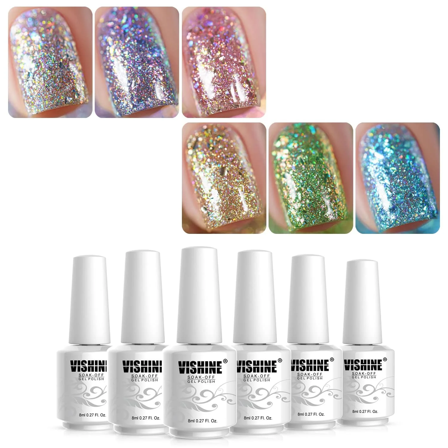 Гель-лак Vishine Набор 6 цветов Хром Платина Блестящий Серебряный Розовый Золотой 8 мл, фото №1