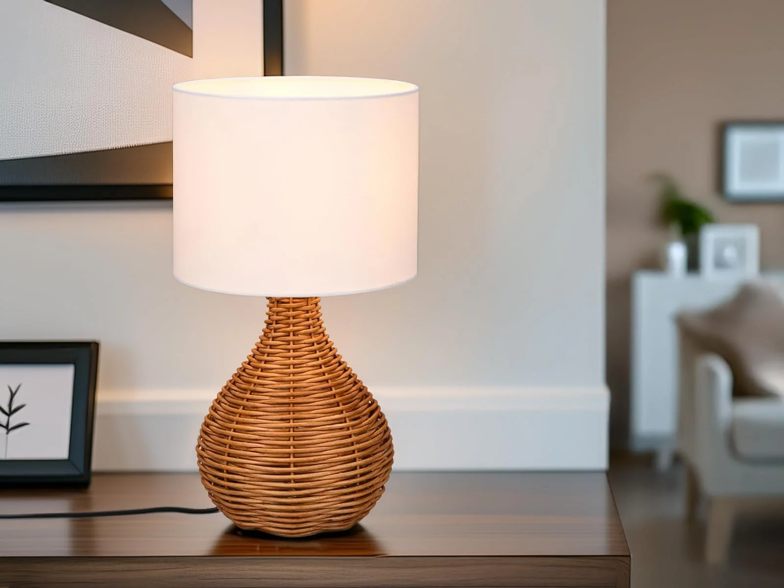 Настільна лампа meineWunschleuchte Велика Ротанг Тканинний абажур Стиль Бохо Кругла Діаметр 22 см Натуральний Білий, фото №2