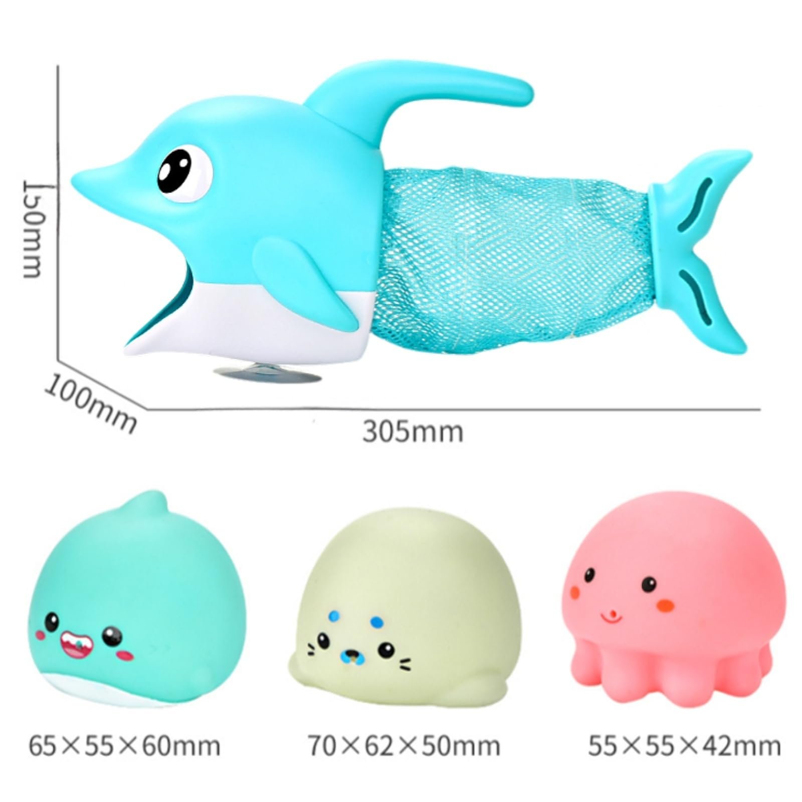 Игрушка для ванны Сачок Дельфин с присоской, 3 игрушки-брызгалки для детей, фото №1