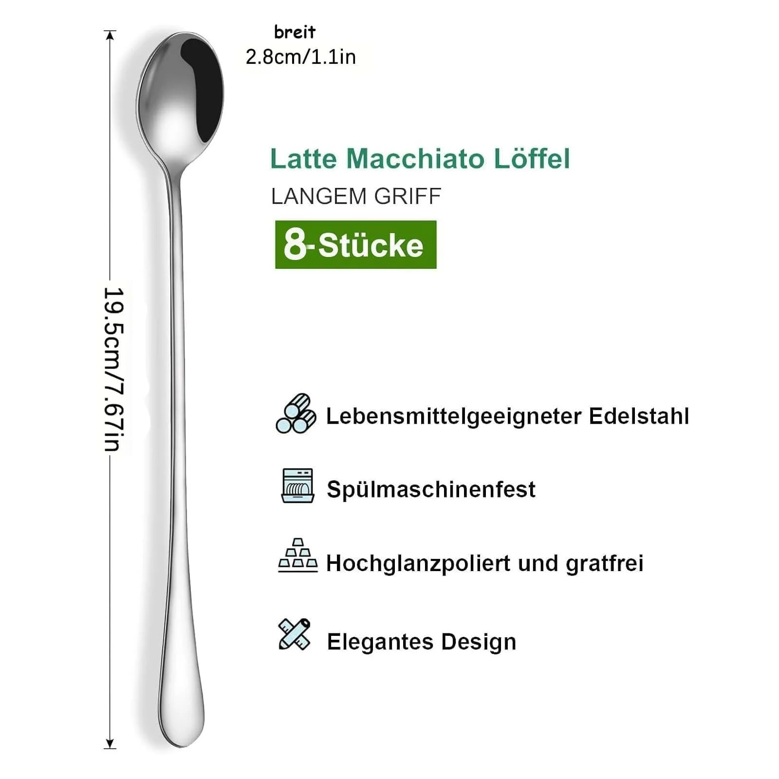 Ложка для лате макіато, Набір з 8 штук, 19.5 см, Довга, фото №4