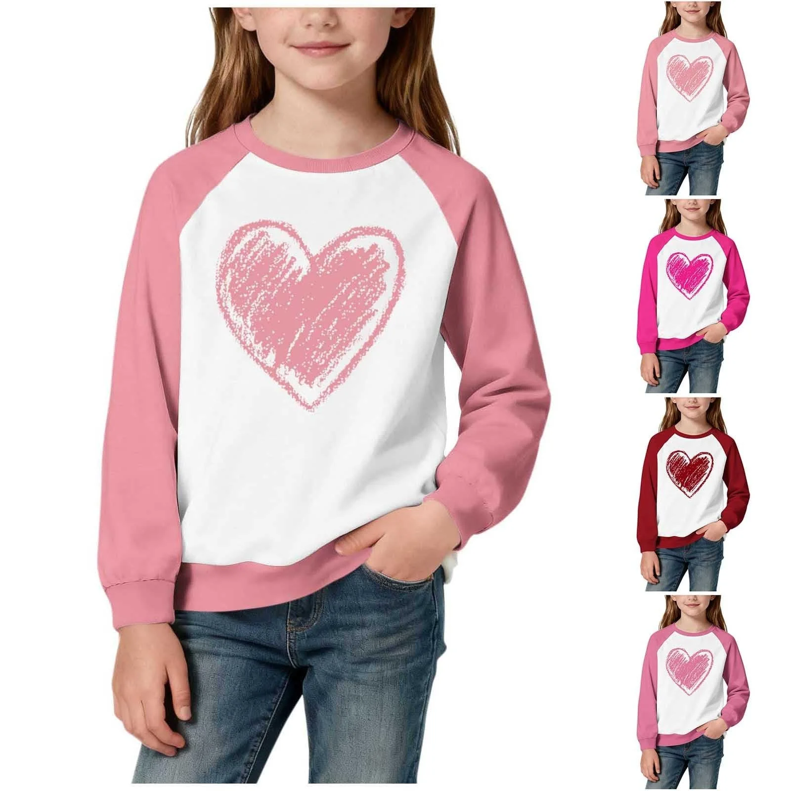 Свитшот NZYIHAO для девочек с длинными рукавами и принтом в виде сердца, удобный детский свитшот для повседневной носки и отдыха, разных цветов, лонгслив ко Дню святого Валентина, фото №2