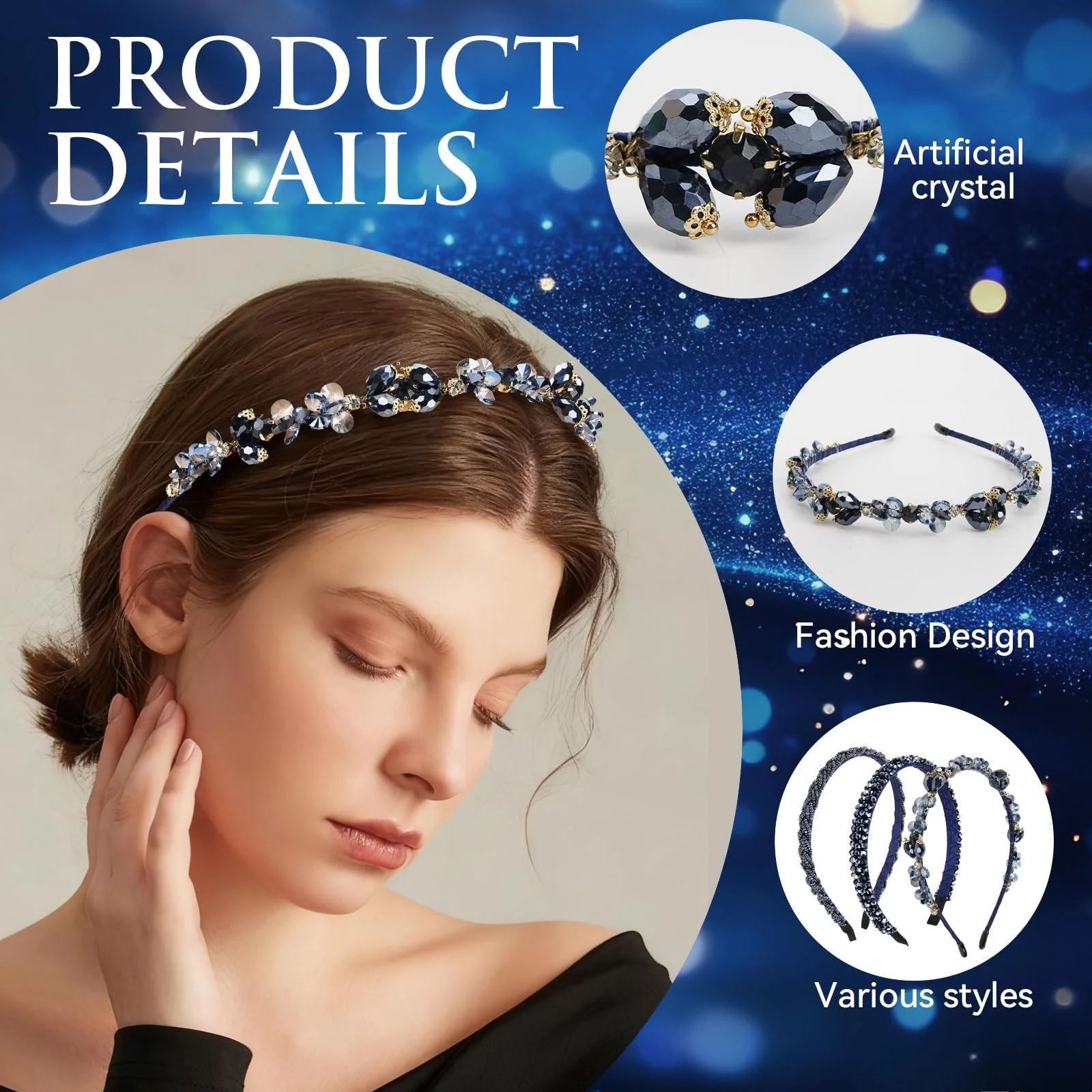 Обруч Набір з 3-х обручів з кришталевими стразами, фото №3