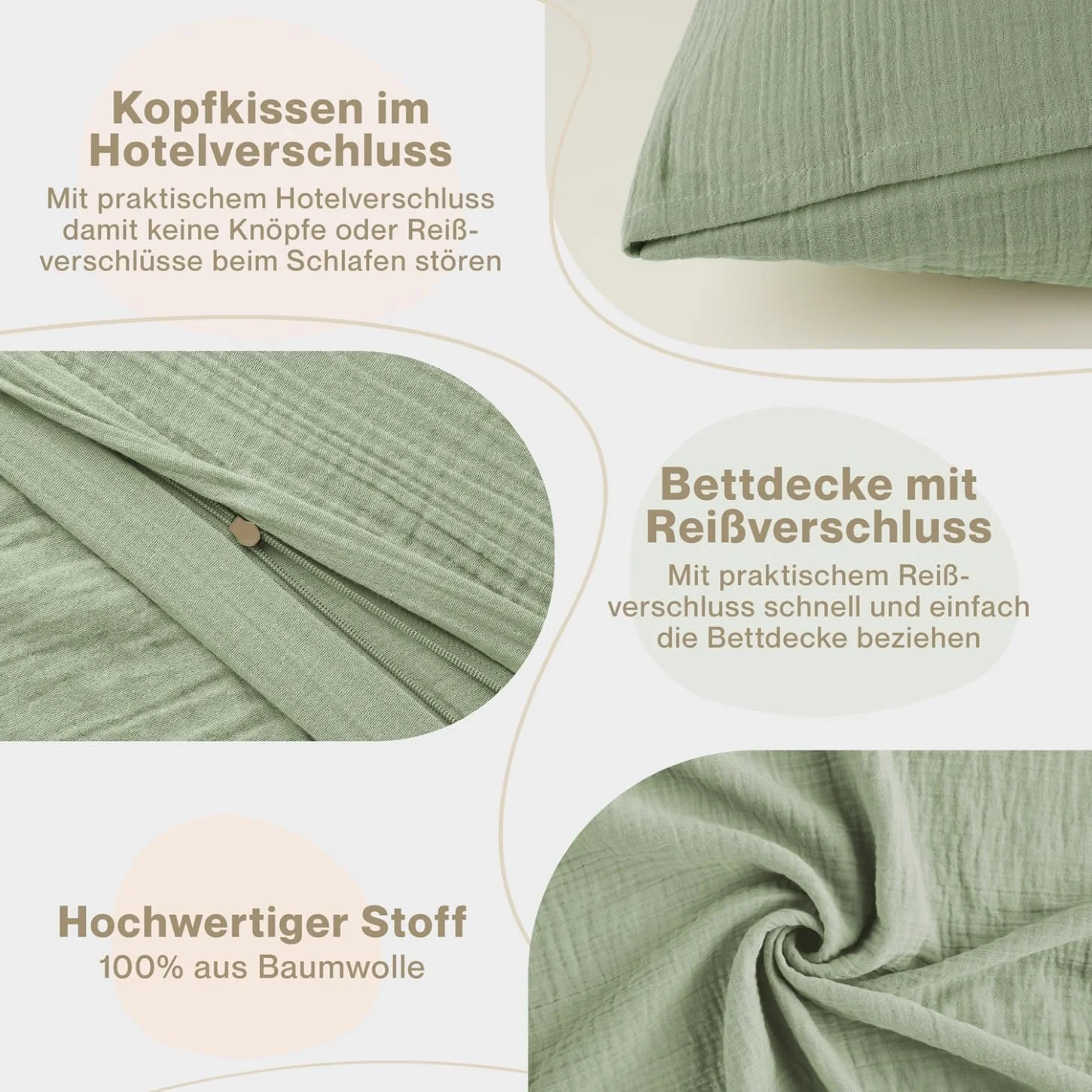 Постільна білизна Blumtal Musselin 135x200 см бавовна OEKO-TEX з наволочкою 80x80 см зелена, фото №4