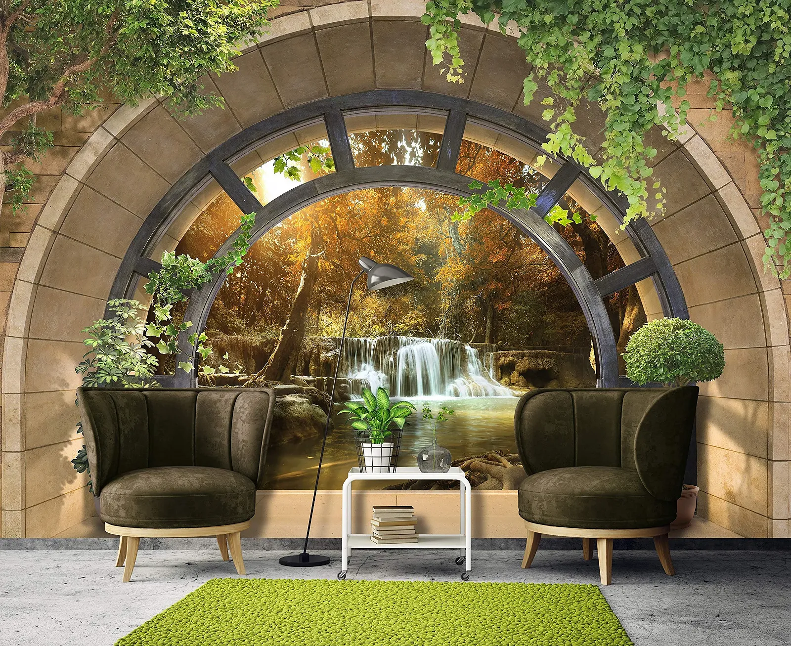 Фотошпалери VEXL 11553 3D Вікно Водоспад Ліс Природа Флізелінові УФ-стійкі 208 x 146 см 2 панелі, фото №4