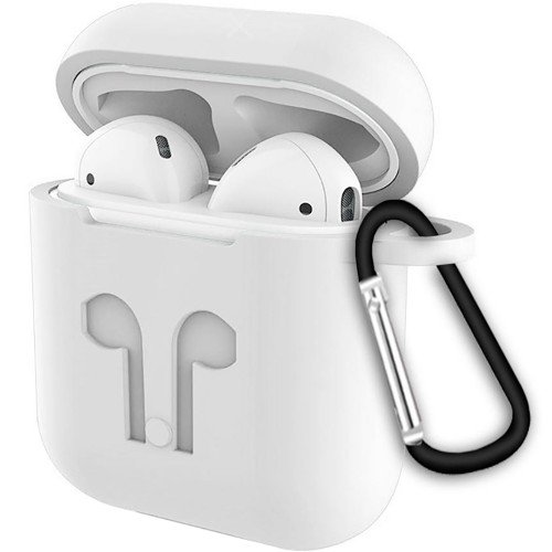 Белый Силиконовый Чехол Для Наушников Apple Аирподсов с карабином, фото №1