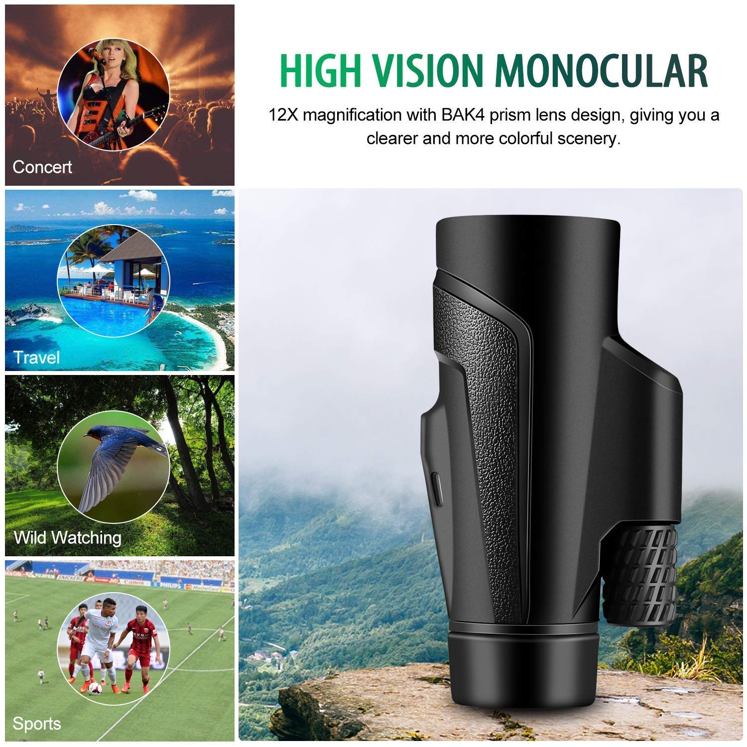 Монокуляр Telescopes 12x50 HD з тримачем для смартфона та штативом Водостійкий з міцною та прозорою призмой FMC BAK4 для Vog, фото №3