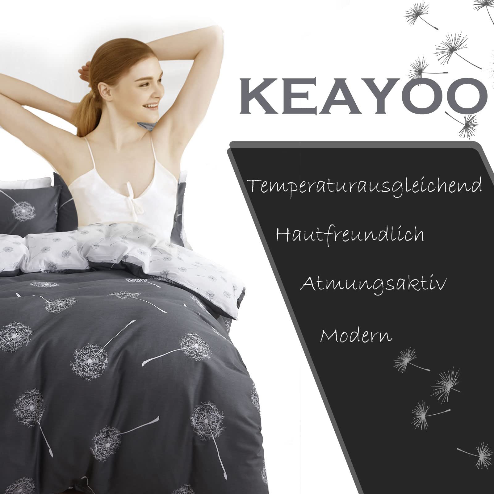 Комплект Постільної Білизни KEAYOO Двосторонній Малюнок Кульбаби Сірий та Білий 100% Бавовна, фото №7