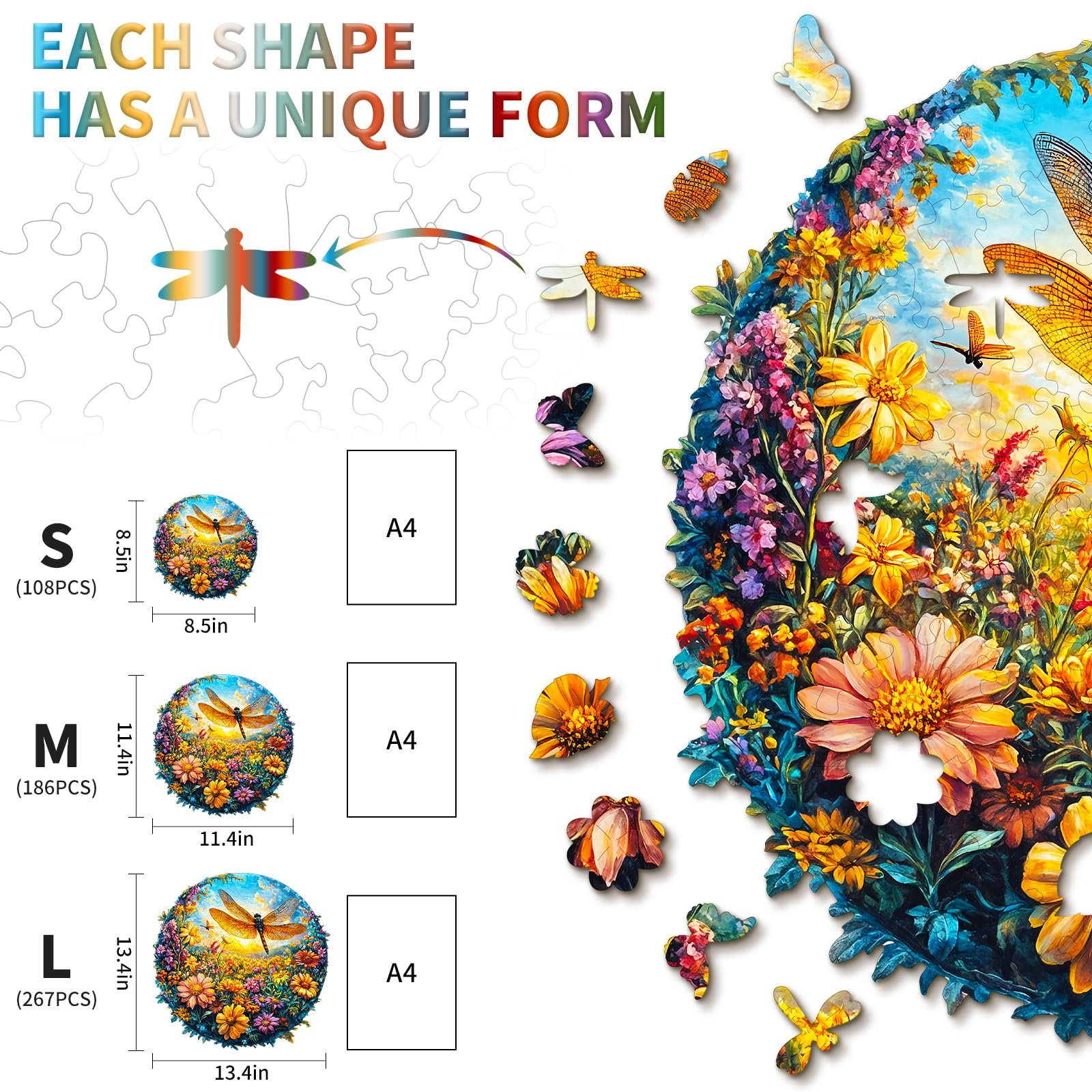 Пазл дерев'яний Dragonfly and Flowers 267 елементів 34 x 34 см, фото №2