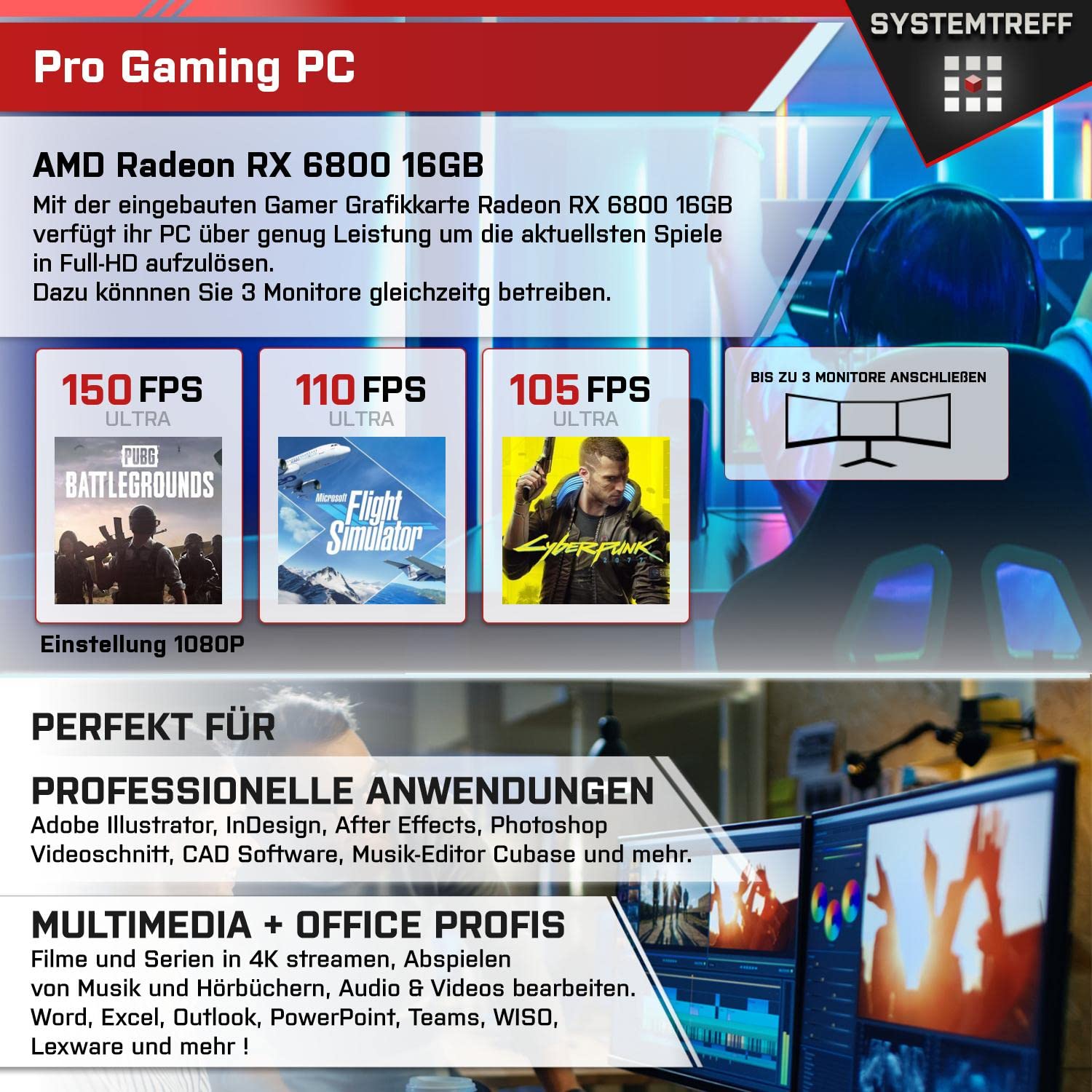 Персональний комп'ютер SYSTEMTREFF High-End Gaming PC AMD Ryzen 9 5900X 12x4.8GHz AMD Radeon RX 6800 DX12 1TB M.2 NVMe 16GB DDR4 RAM WLAN для ігор, фото №5