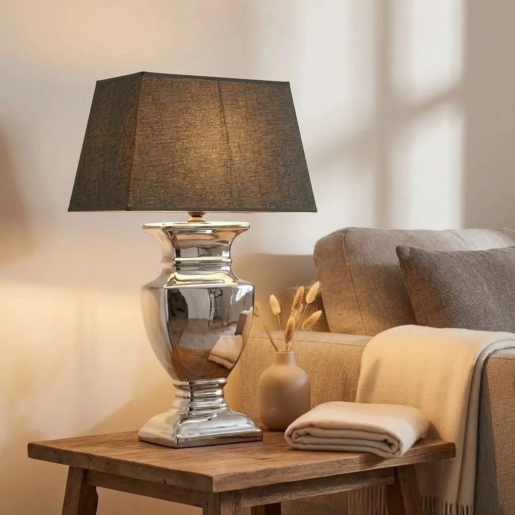 Настільна лампа Ceramic Silver Base Grey Fabric Shade 35 см, фото №7