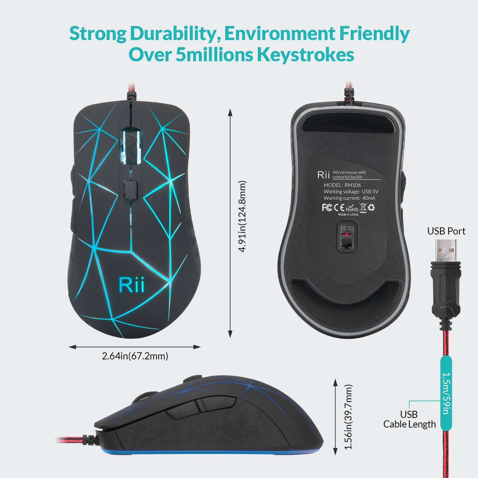 Мышь игровая Rii оптическая, 6 кнопок, 1200/1600/2400/3200 DPI, RGB, узор Burst, USB кабель 150 см, черная, фото №7
