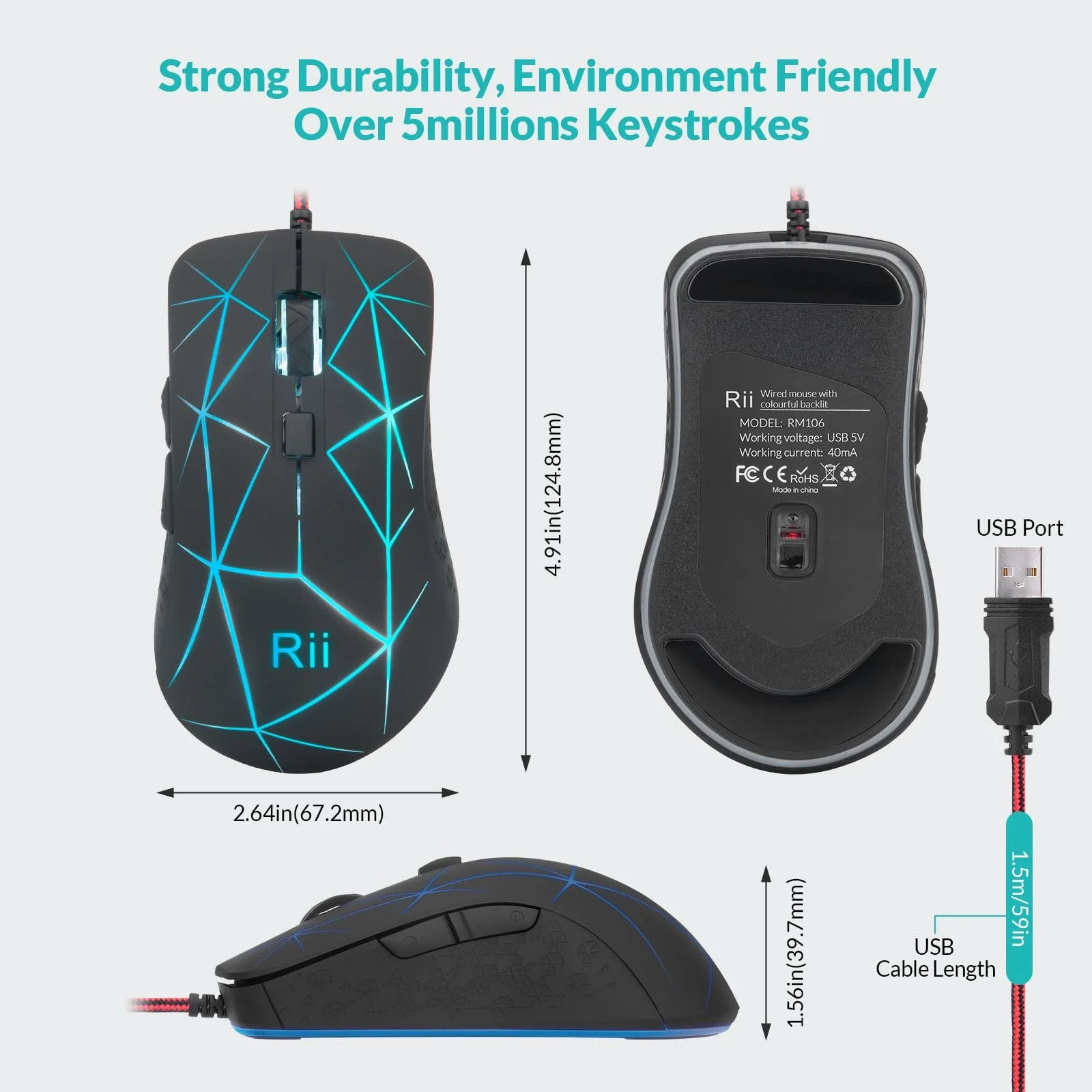 Мышь игровая Rii оптическая, 6 кнопок, 1200/1600/2400/3200 DPI, RGB, узор Burst, USB кабель 150 см, черная, фото №7