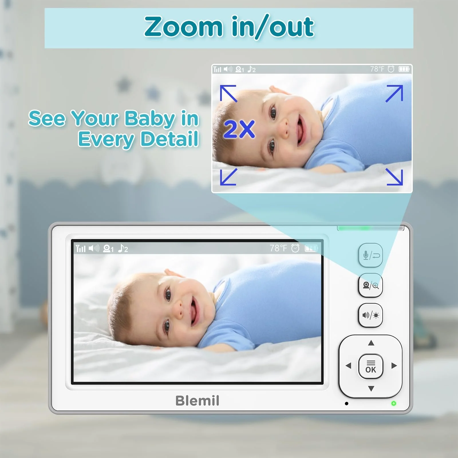 Відеоняня Blemil Updated Version 4.3 Inch IPS Split-Screen 29-Hour Battery Pan/Tilt/Zoom 2 Cameras 2X Zoom No WiFi, фото №6 Відеоняня Blemil Updated Version 4.3 Inch IPS Split-Screen 29-Hour Battery Pan/Tilt/Zoom 2 Cameras 2X Zoom No WiFi, фото №6