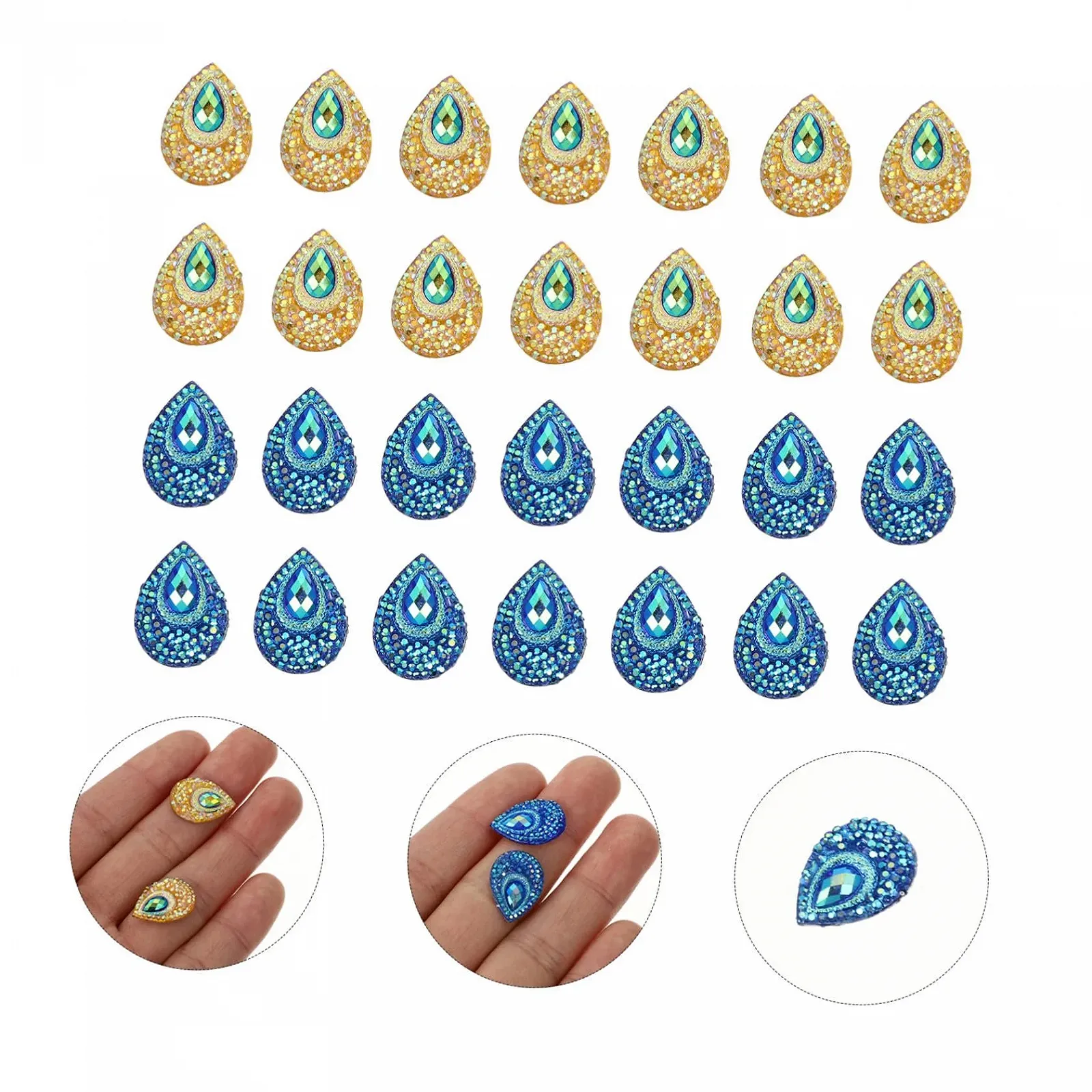 Капли Стразы из смолы, плоское основание, набор 100 штук, разные цвета: желтый, голубой, прочные, для рукоделия, для пришивания на свадебные платья и изделия, фото №4