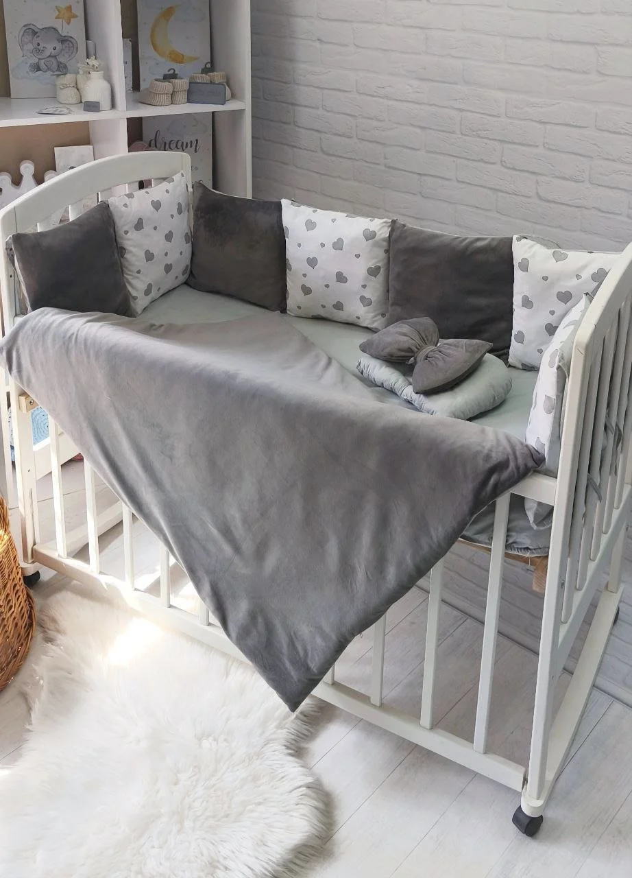 Комплект для новонародженого постіль та конверт велюр Сердечки сірий, фото №1