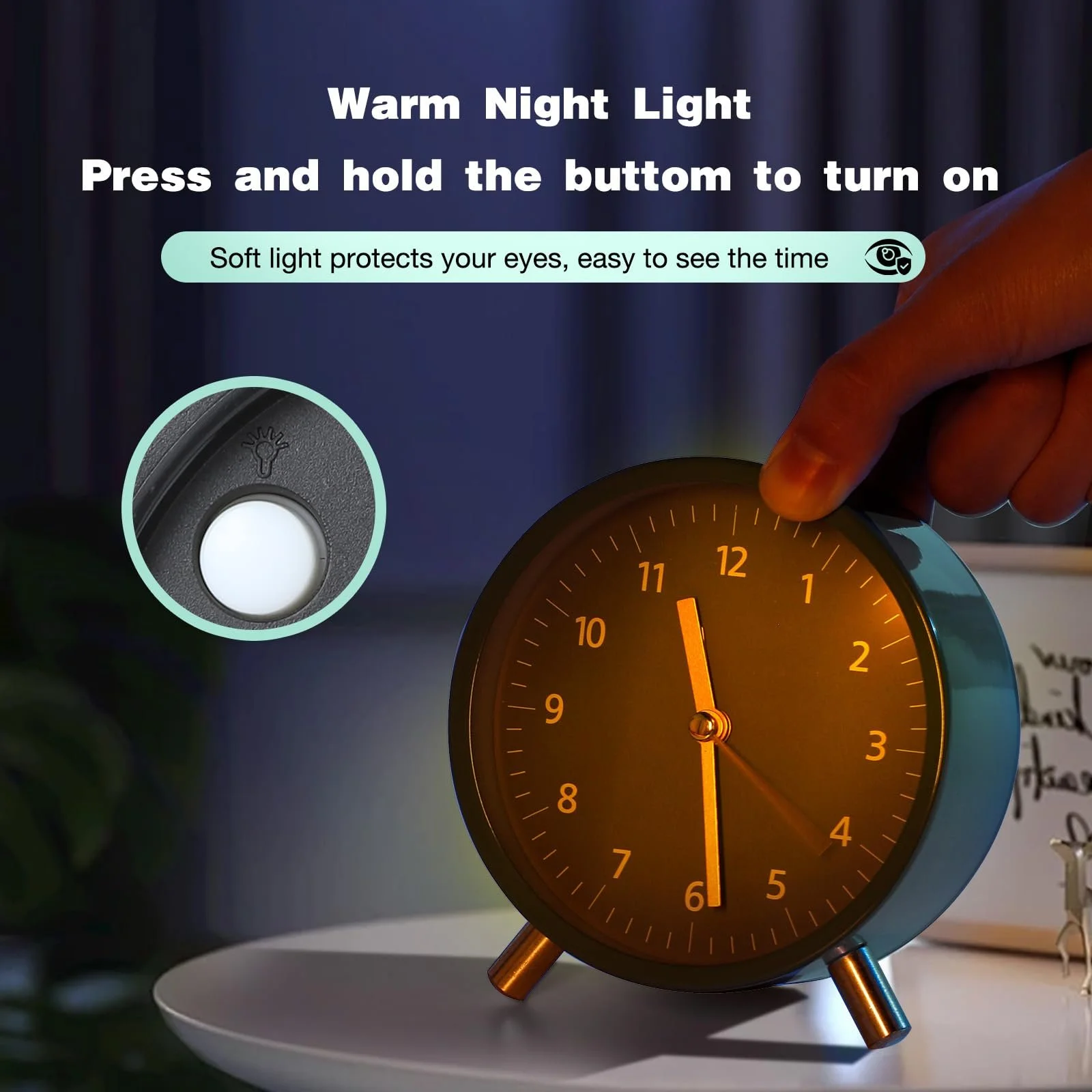 Аналоговый будильник AiQInu, без тиканья, круглый, кварцевый механизм, металлический корпус, ночник, на батарейках, тихий для офиса, спальни, зеленый, фото №4 Аналоговый будильник AiQInu, без тиканья, круглый, кварцевый механизм, металлический корпус, ночник, на батарейках, тихий для офиса, спальни, зеленый, фото №4