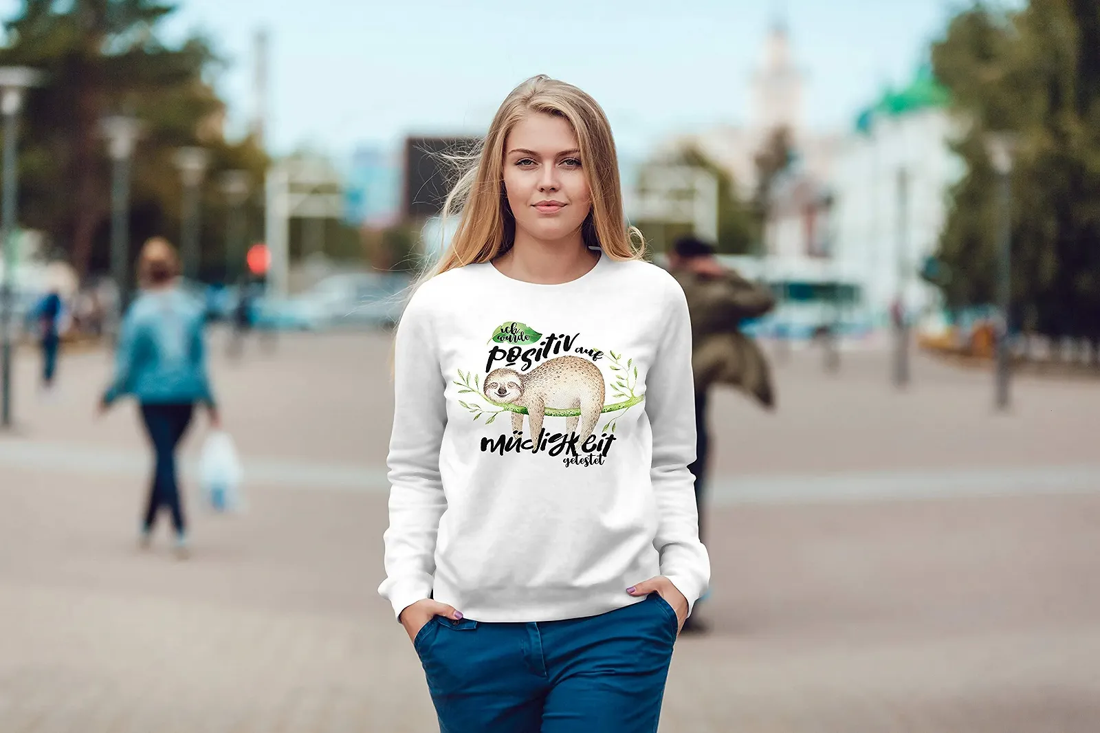 Женский свитшот MoonWorks® с рисунком ленивца "Я была положительна на тесте на усталость" свитер с круглым вырезом, фото №3