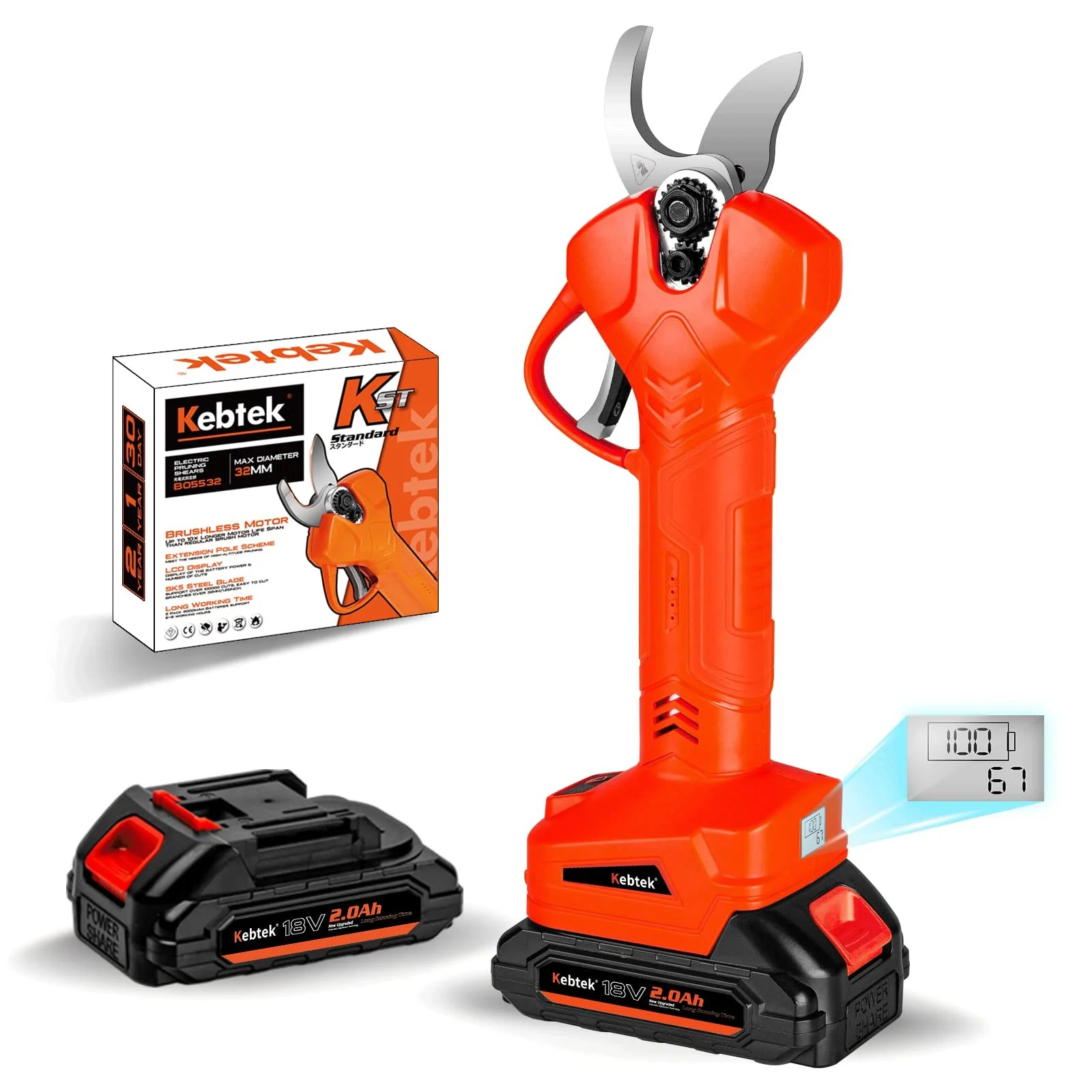 Електричний секатор Kebtek Professional 18V акумуляторний, різак для гілок з 2 літієвими батареями 2 Аг, безщітковий двигун, 32 мм, фото №1